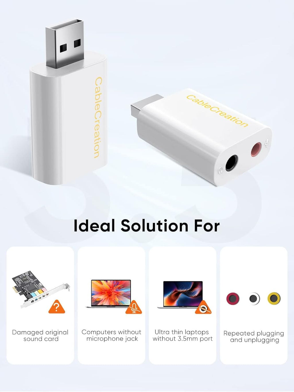 CableCreation USB Audio Adapter - External Sound Card with 3.5mm Headphone and Microphone Jack for Windows, Mac, Linux, PC, PS4, Laptops - Plug and Play, No Drivers Needed (White)