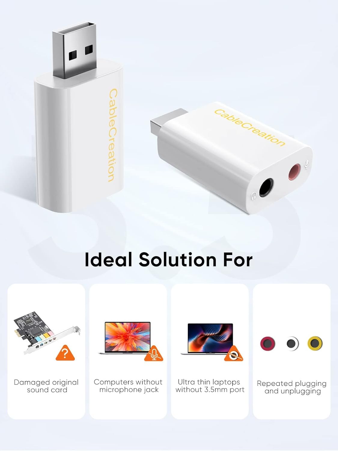 CableCreation USB Audio Adapter - External Sound Card with 3.5mm Headphone and Microphone Jack for Windows, Mac, Linux, PC, PS4, Laptops - Plug and Play, No Drivers Needed (White)