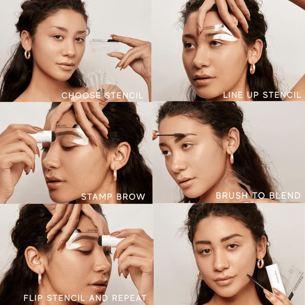 MADLUVV Brow Stamp Kit with Brow Stencils ¨C Easy Eyebrow Shaper for Natural-Looking Brows ¨C Popular Eyebrow Stencil Kit Used by Professionals ¨C 9 Shapes, Spoolie, Travel Bag & Stamp (True Red)