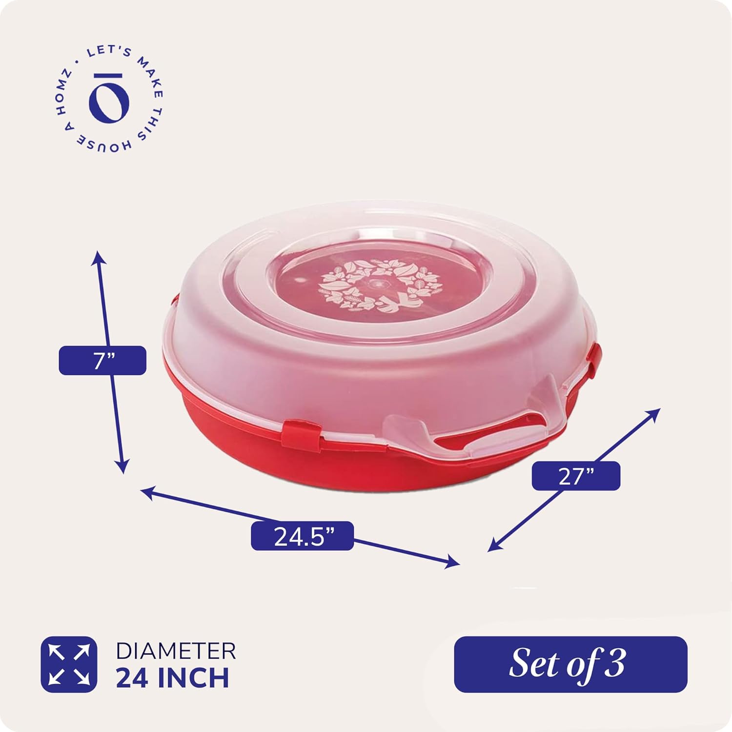 HOMZ 3-Pack Seasonal Holiday Decorative Wreath Storage Organizer, 24 Inch, Red Clear - Round Plastic Christmas Decoration Holder for Wreaths and Garlands w/ 4-Way Latches Built-In Handle