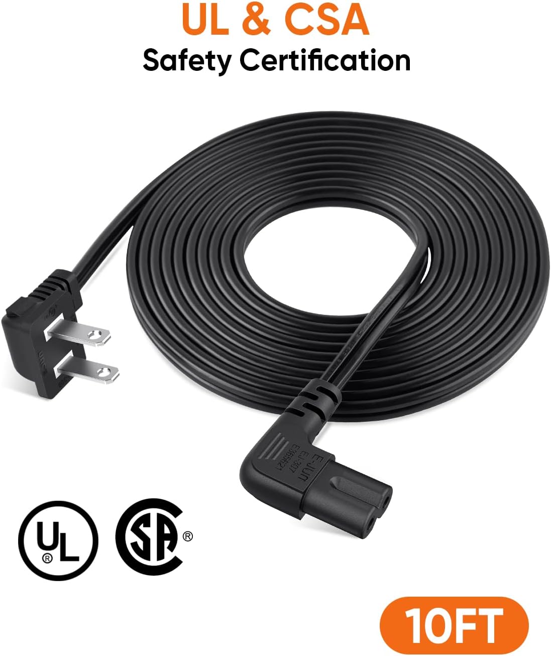 10 Feet 18 AWG Angled 2-Slot Non-Polarized Angle Power Cord for Samsung TV LG TCL Replacement (IEC320 C7 to Nema 1-15P), 3M