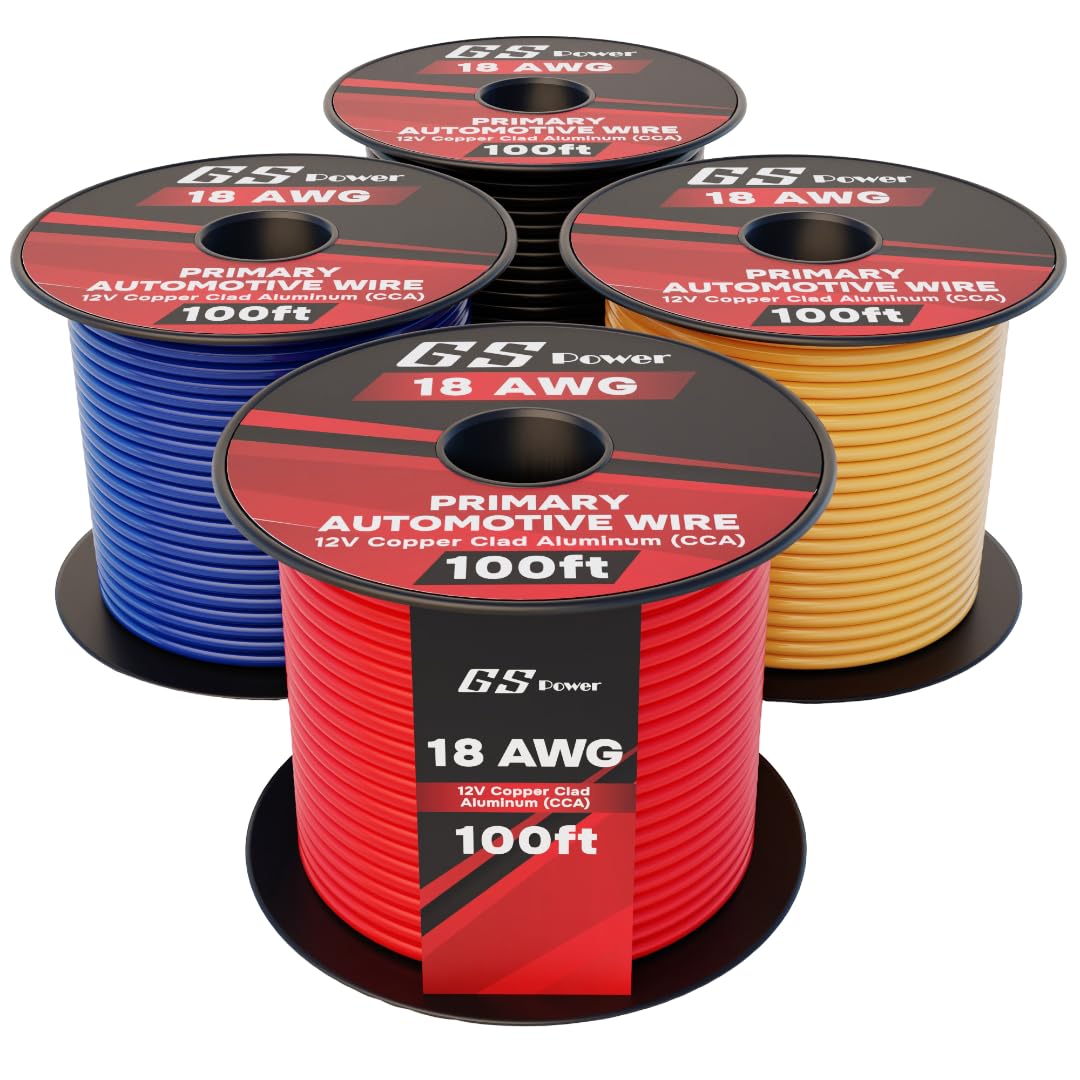 GS Power 400ft CCA 18 Gauge Wire Automotive, 100ft Spool-4 Colors, 18 AWG 12v, Speaker Electrical Wire Low Voltage Primary for Car Stereo Audio Trailer Harness Hookup Wiring LED Light DIY
