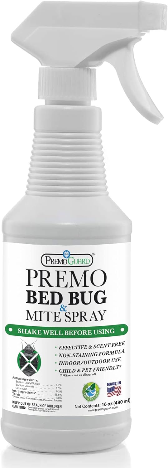 Premo Guard Bed Bug Killer Spray 16 oz - University Tested 100% Kill Rate - Natural Non Toxic, Stain Scent Free - Kill Bedbugs Mites On Bed Blankets, Furniture, Clothing - Child Pet Safe