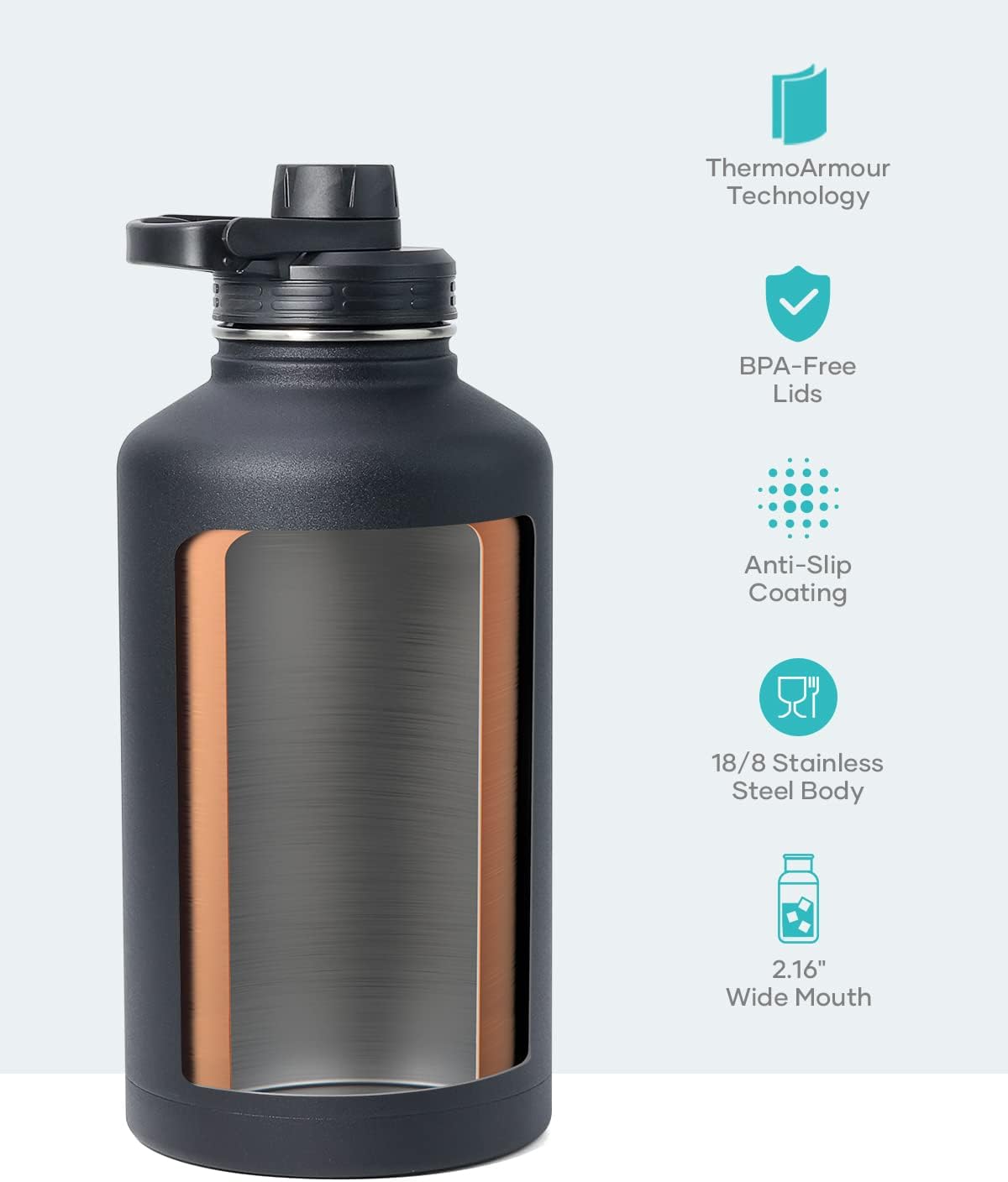 64 oz Water Bottle Insulated with Straw 3 lid and Carrying Pouch, Leak Proof Half Gallon Stainless Steel Water Flask Jug, Cold for 48 Hrs Double Vacuum Thermo Canteen, BPA-Free, Black