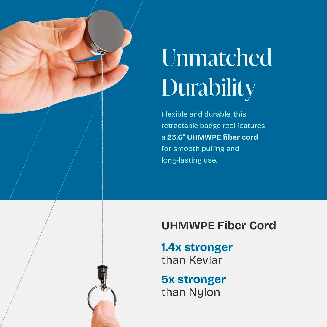 Will Well ID Badge Holder Reel with Clip and Keyring - Heavy-Duty All-Metal Casing with 24.4inch UHMWPE Fiber Pull Cord for Easy Access, Holds up to 8 Keys - 2-Pack, Small Round, Glossy Black