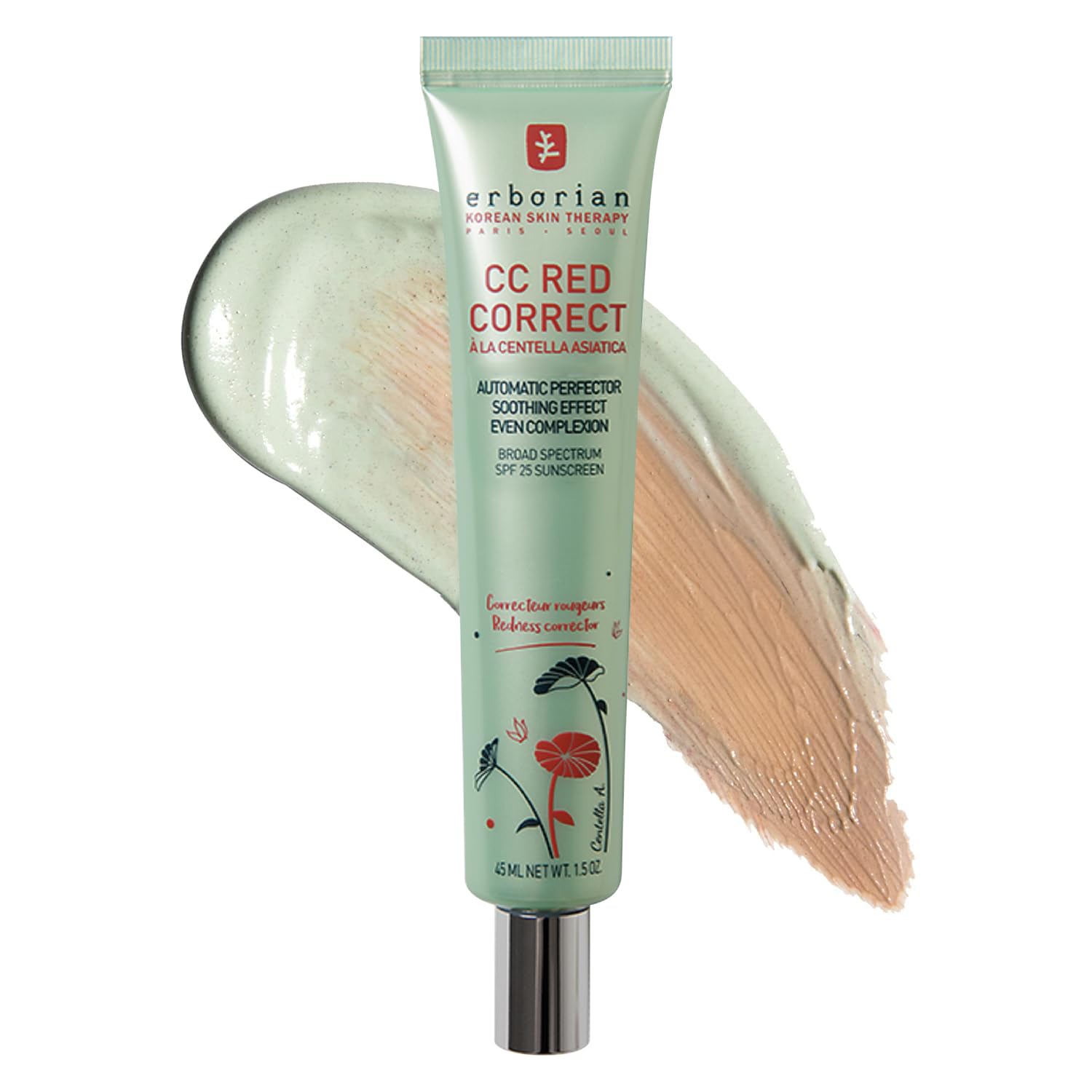 Erborian CC Red Color Correcting SPF 25 Green Pigment Cream, Neutralizes Redness, Calms Skin, Lightweight, Tone?Perfecting Primer, Korean Skincare