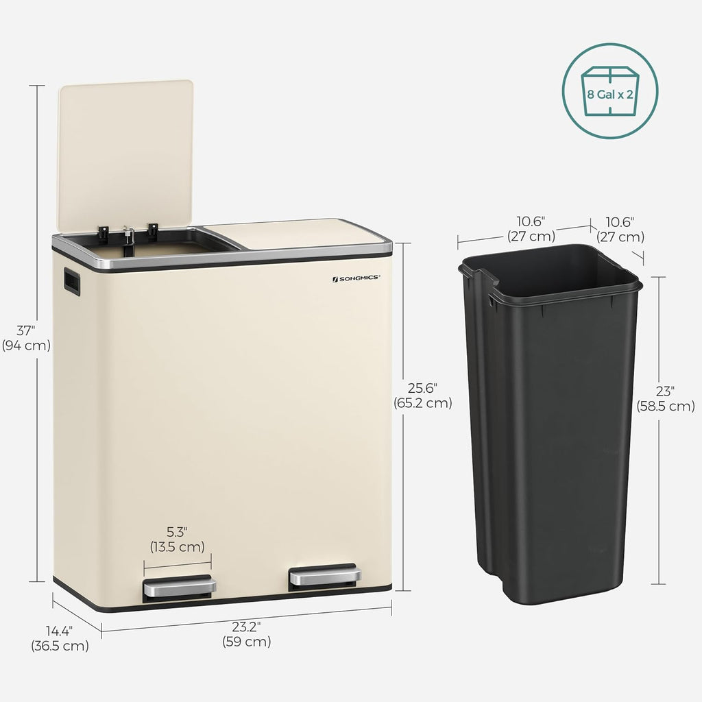 Trash Can, 2 x 8 Gallon (2 x 30 L) Garbage Can for Kitchen, with 15 Trash Bags, 2 Compartments, Plastic Inner Buckets and Hinged Lids, Airtight, Almond Color ULTB201A01