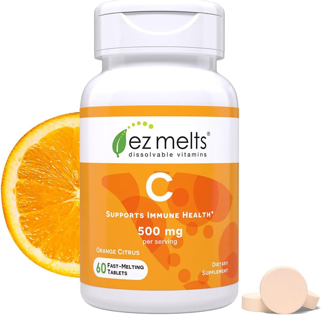 EZ Melts Vitamin C - Daily Vitamin for Antioxidant & Immune Support - No Artificial Flavors - Non-GMO & Sugar-Free - Orange Citrus - 60 Dissolvable Tablets (30 Servings)