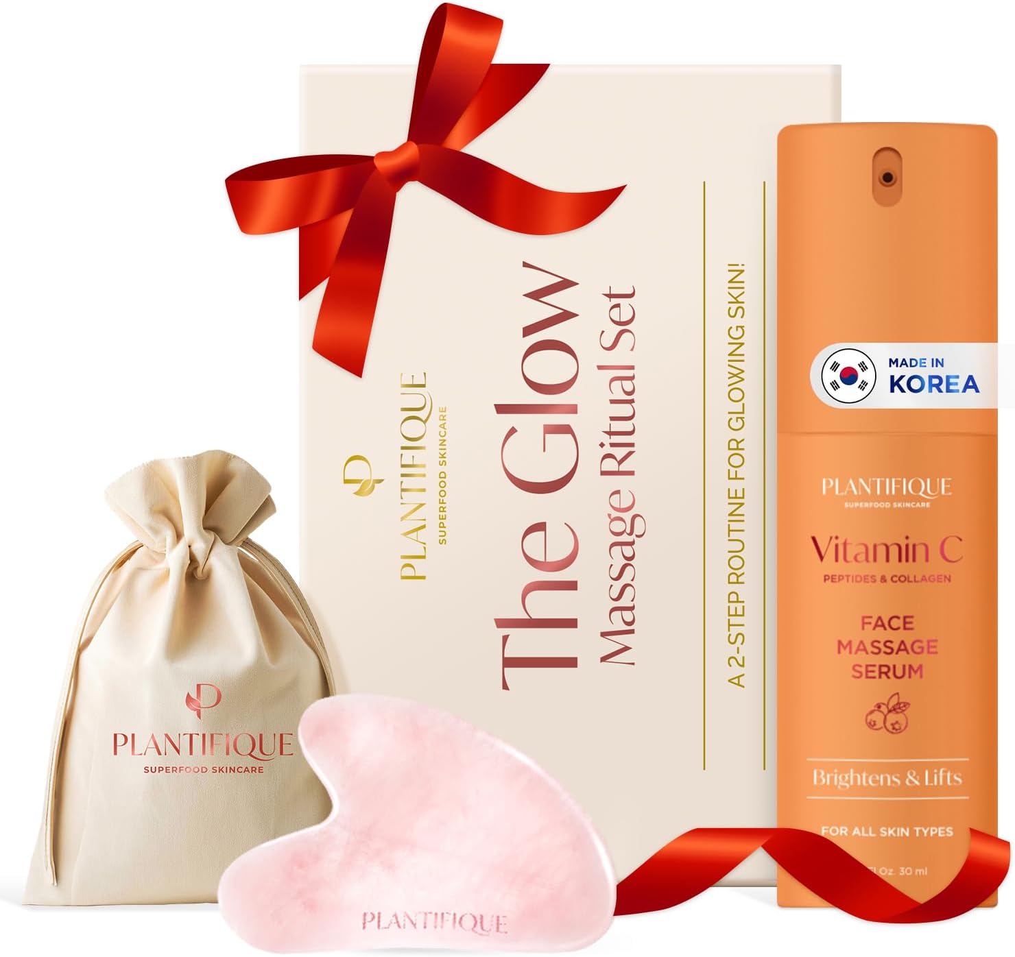 PLANTIFIQUE Massage Ritual Set Premium Certified Rose Quartz Gua Sha + Vitamin C Serum Skin Care Set, Birthday Gifts for Women, Teens, Mom, Brides
