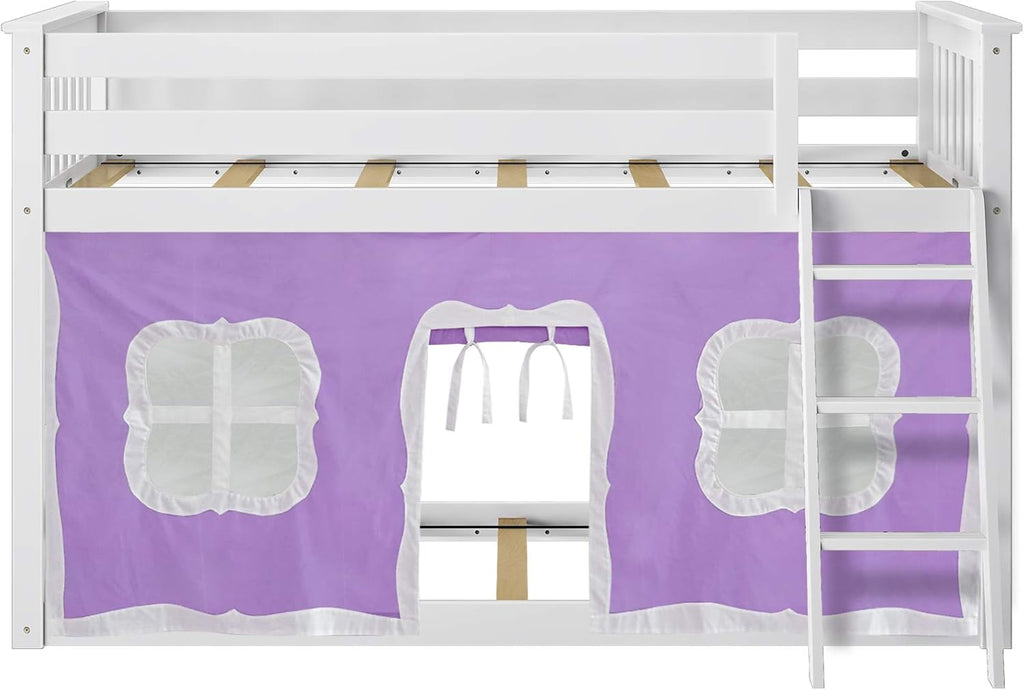 Max & Lily Low Bunk Bed, Twin-Over-Twin Bed Frame For Kids With Curtains For Bottom, White/Purple