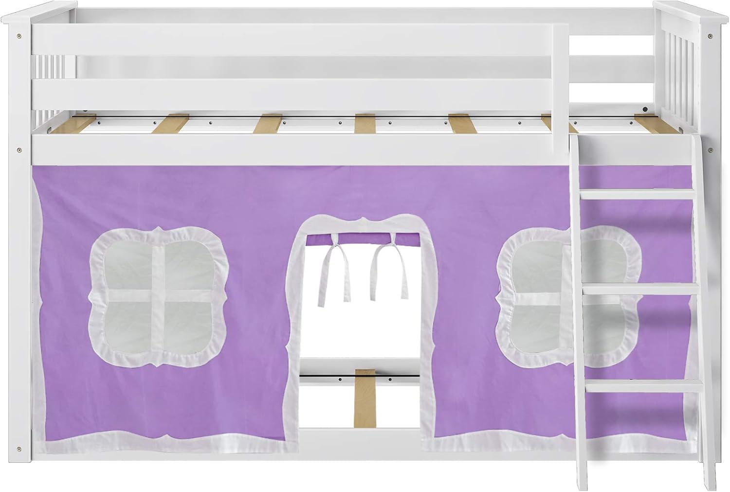 Max & Lily Low Bunk Bed, Twin-Over-Twin Bed Frame For Kids With Curtains For Bottom, White/Purple