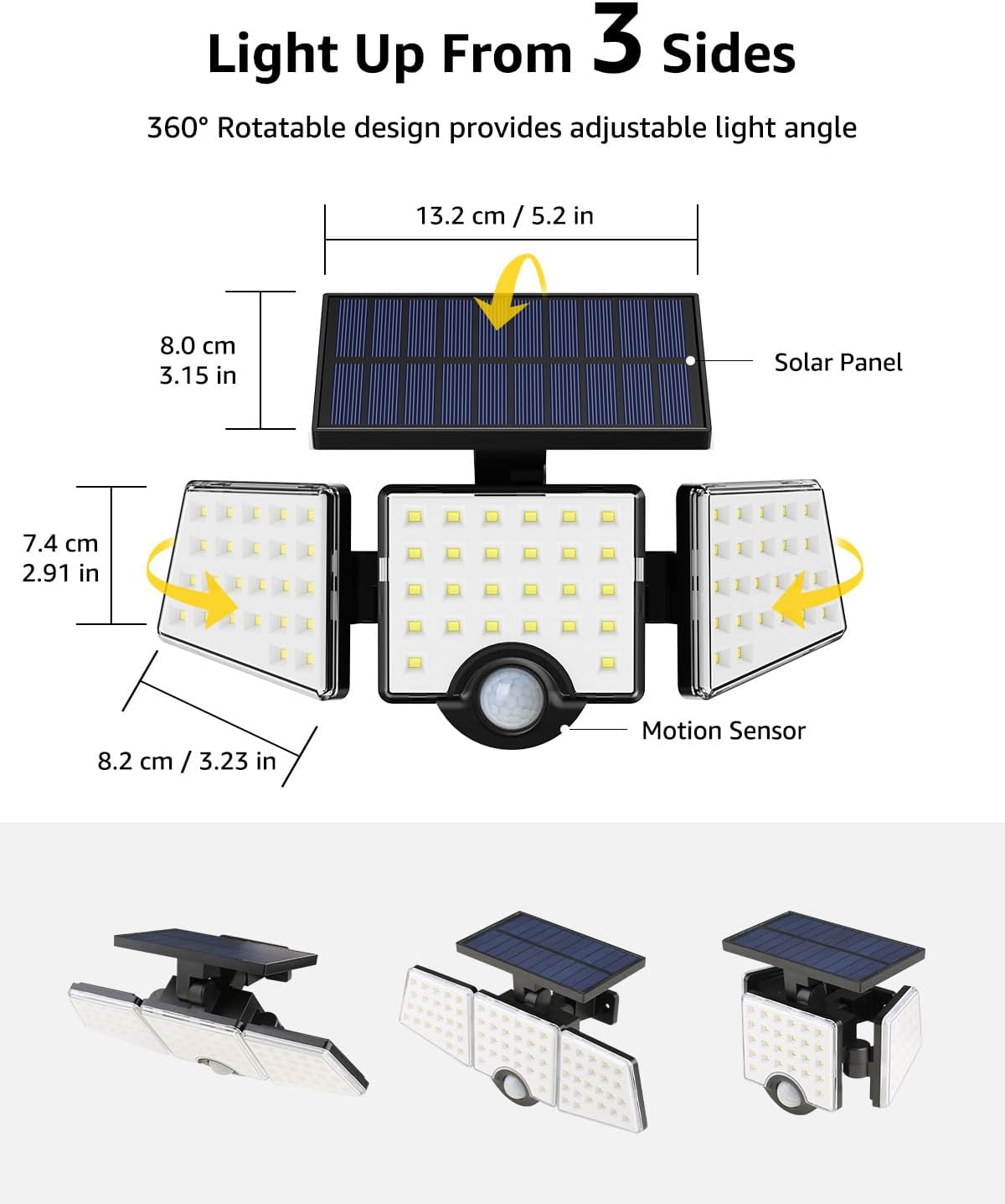LE Solar Lights for Outside, Solar Lights Outdoor with Motion Sensor, WL4000 High Brightness, 3 Adjustable Heads 270¡ã Wide Lighting Angle, IP65 Waterproof, Wireless Wall Lamp for Yard Garage