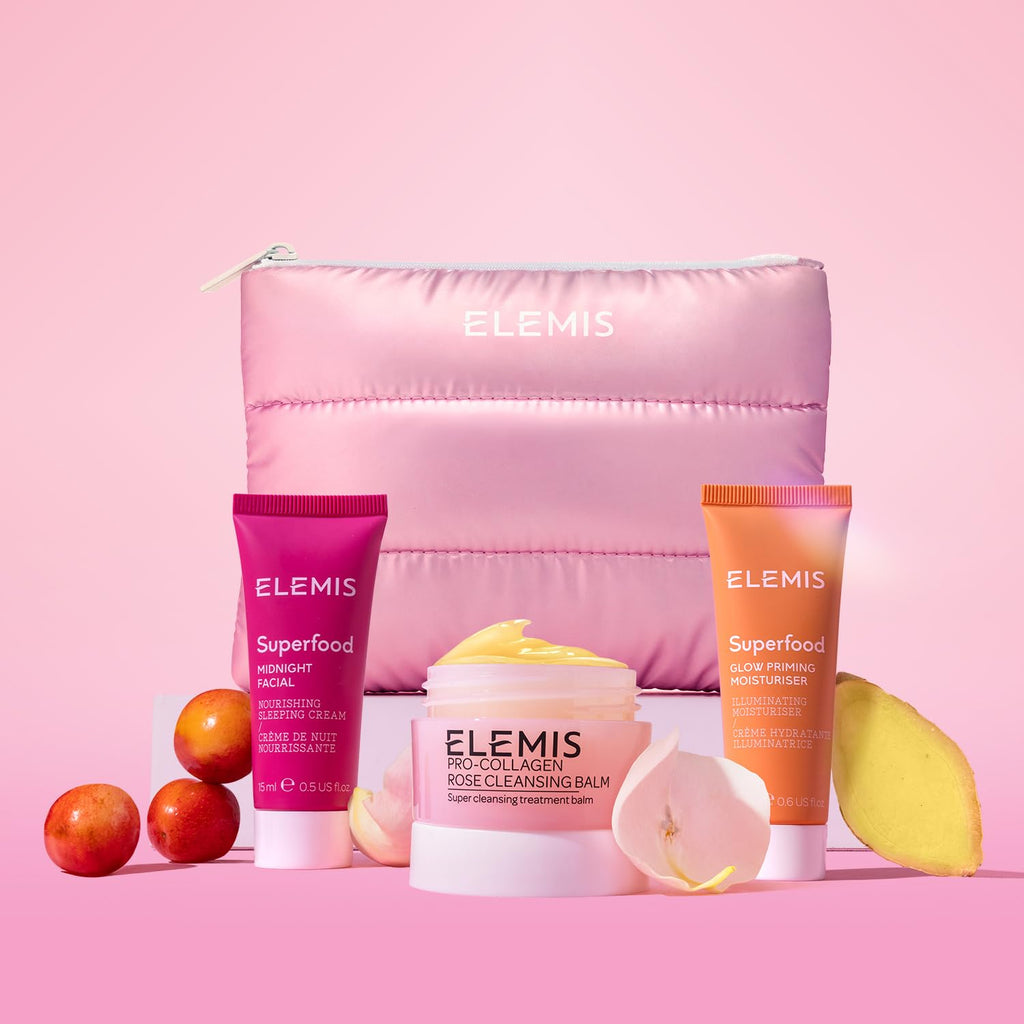 ELEMI Wa t Glo Exclusiv Skincar Kit($7 Value Trave Se wit Travel-Siz Ros Cleansin Balm Glo Primin Moisturize Midnigh Facial Nouris Illuminat Ski al day