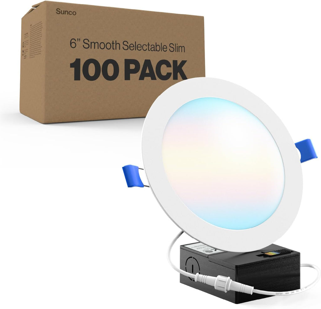 Sunco 100 Pack 6 Inch Ultra Thin LED Recessed Ceiling Lights, Slim Canless with Junction Box, 850 LM, 2700K/3000K/4000K/5000K/6000K, Dimmable, 14W=100W, Wafer Thin, 50000 Lifetime Hours ETL