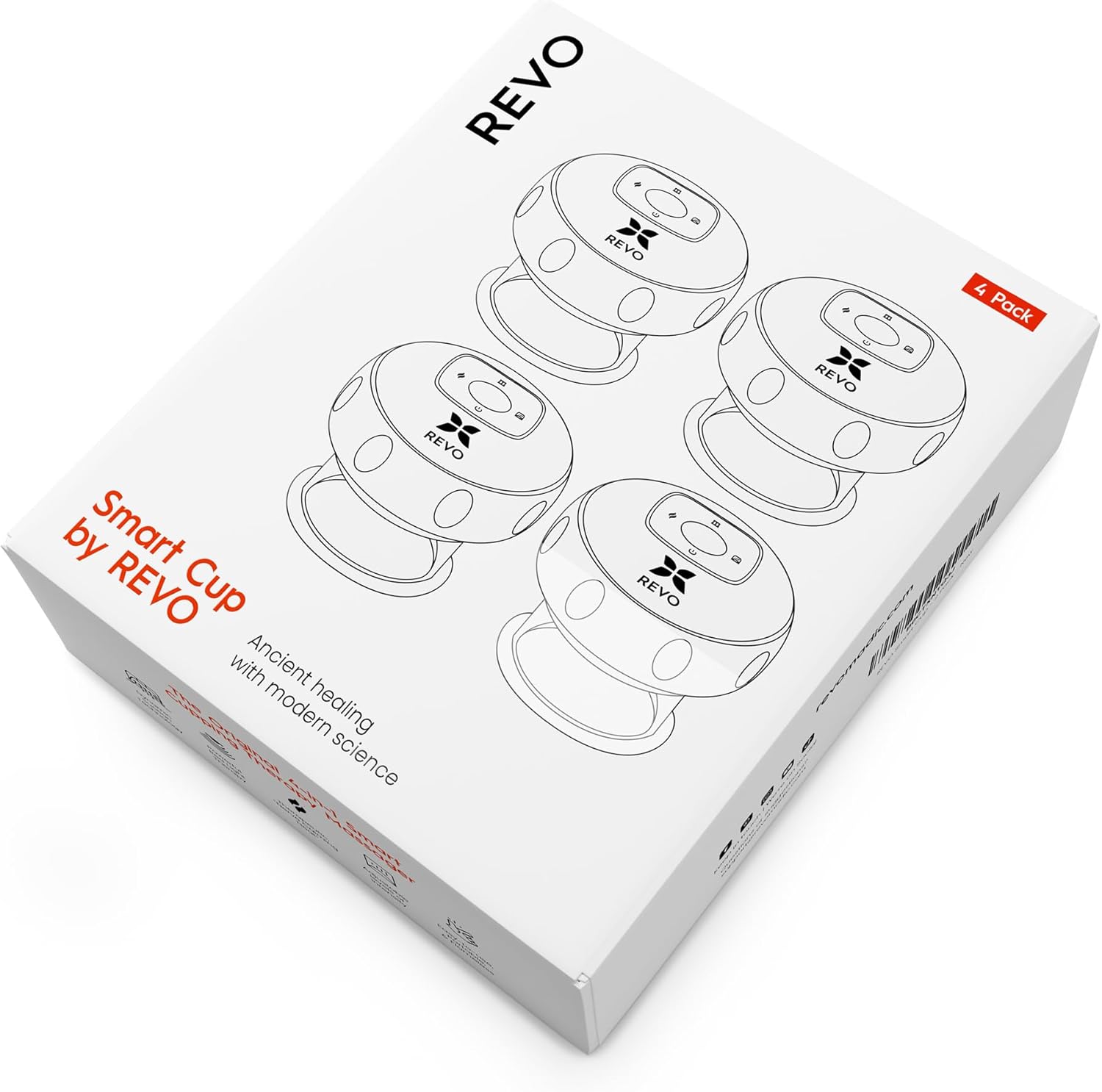 REVO The Original 4-in-1 Smart Cupping Therapy Massager, Red Light Therapy for Targeted Pain Relief, Knots, Aches, Muscle Soreness, Circulation Tighter Skin, Portable Cupping Kit (Four Pack)
