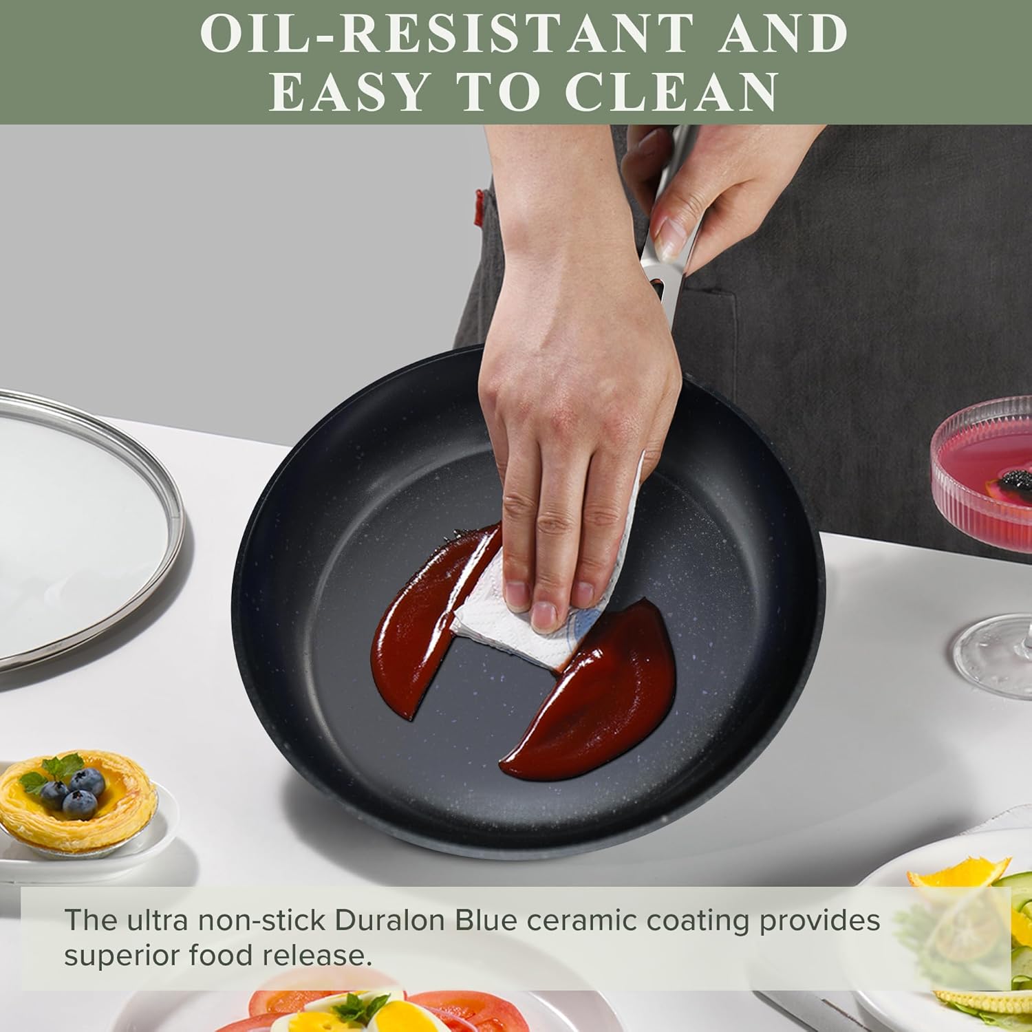 Healthy Duralon Blue Ceramic Nonstick Cookware Set, Diamond Infused Scratch-Resistant, PFAS Free, Dishwasher Oven Safe, Induction Ready Evenly Heats, Tempered Glass Lids Stay-Cool Handles