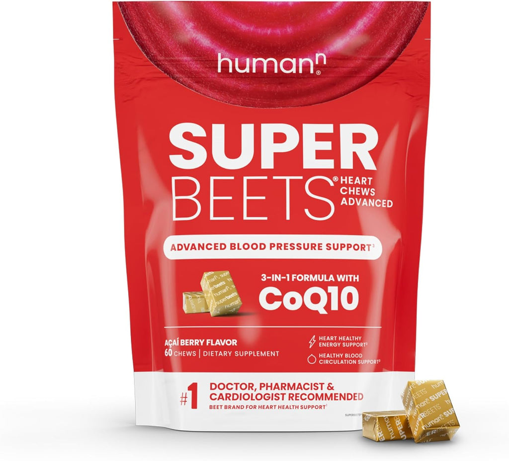 humanN SuperBeets Heart Chews Advanced - 100mg of CoQ10 Plus Beetroot Grape Seed Extract, 60 Count