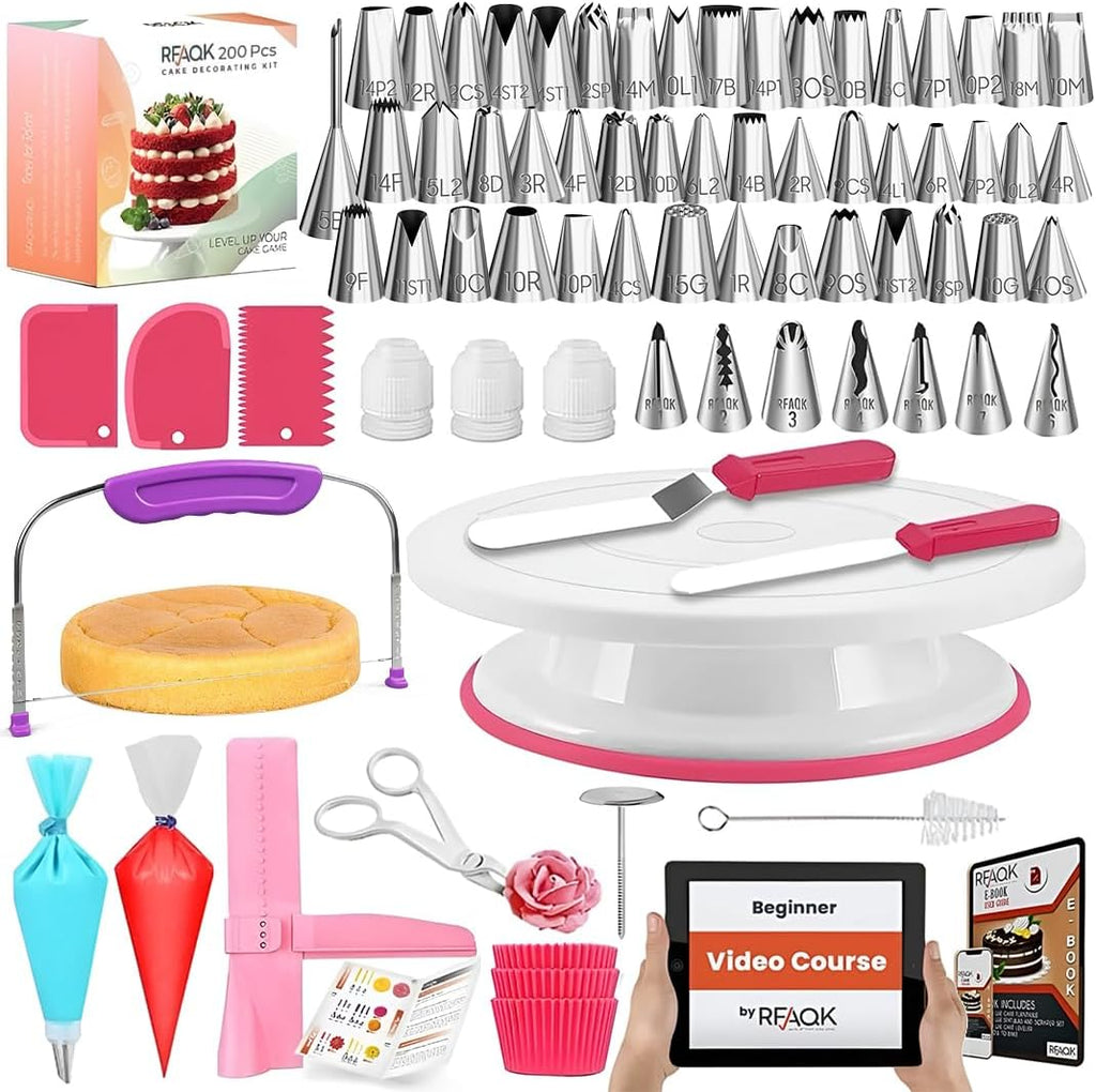 200PC Cak Decoratin Ki wit Cak Turntabl Leveler Bakin Supplie Gif Include 110+ Pipin Bags,5 Icin Tips, Frostin Spatulas Adjustabl Scraper Vide Tutorial Bookle more
