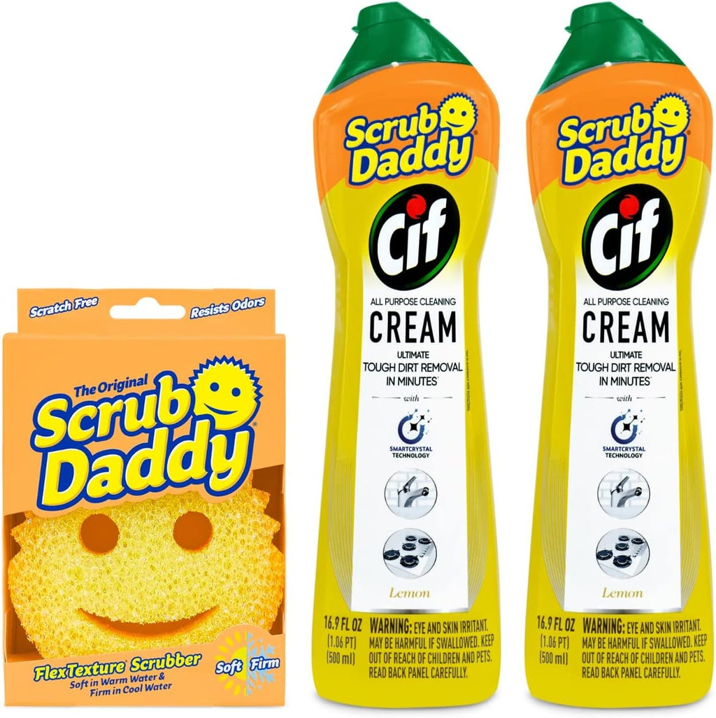 Scrub Daddy + 2x Cif All Purpose Cleaning Cream, Lemon - Multi Surface Household Cleaning Cream + Scrub Daddy Scratch-Free Multipurpose Dish Sponge