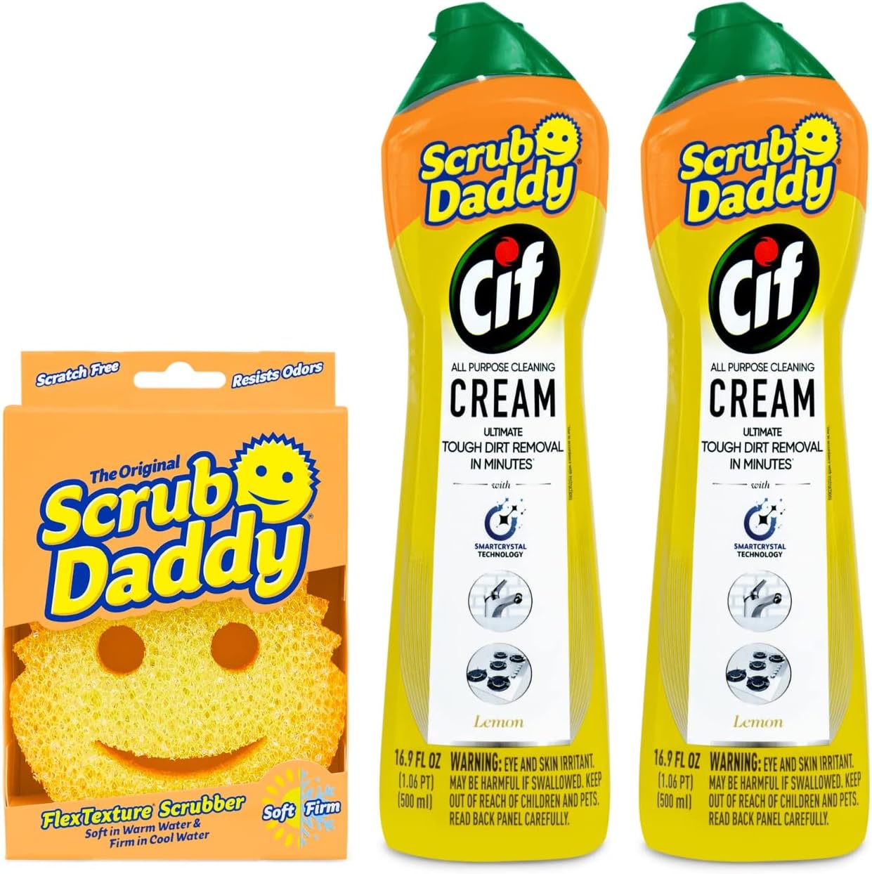 Scrub Daddy + 2x Cif All Purpose Cleaning Cream, Lemon - Multi Surface Household Cleaning Cream + Scrub Daddy Scratch-Free Multipurpose Dish Sponge