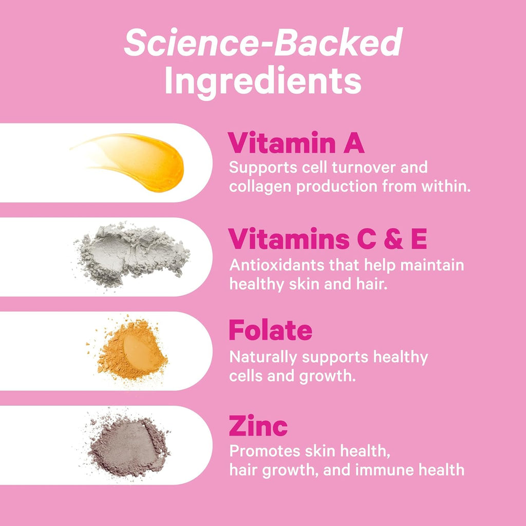 Pin Stor Tota Glo Gummie fo Wome Hair Ski Nail Vitami wit Biotin Vitami A B6 B12 Folate Zin Mor Suppor fo Radian Skin Stron Nails an Health Hai 6 Berr Gummies