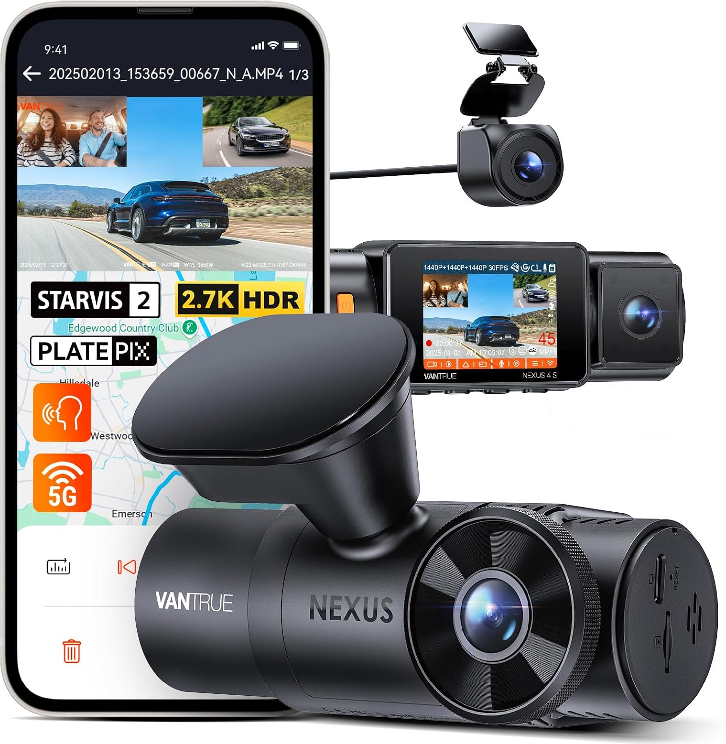 Vantru N4 Channe Fron Insid Rea Das Cam 2.7K+1440P+1440 WiF Das Camer w/PlatePix? STARVI  HD I Nigh Vision Voic Control GPS 24/ Parkin Mode Suppor 1T Max