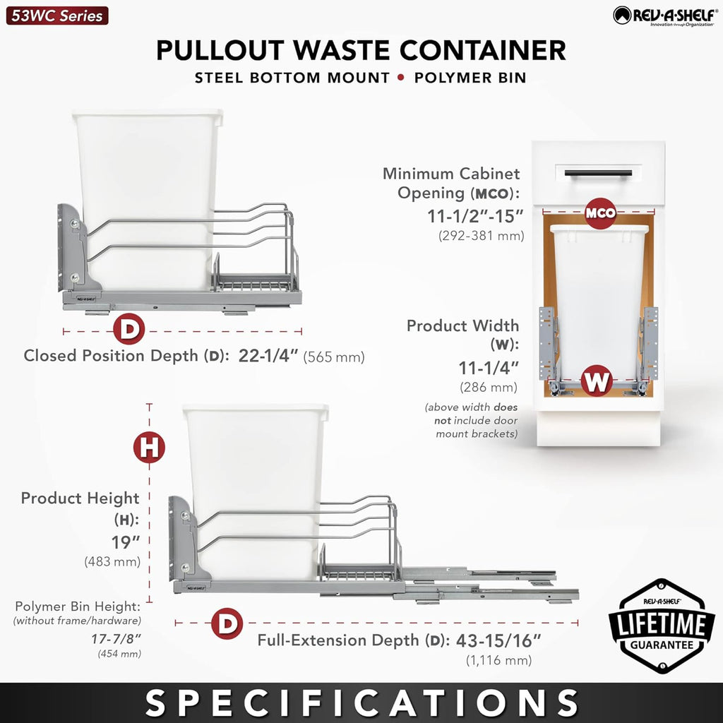 Rev-A-Shelf Pullout Trash Can for Base Kitchen Cabinets 35 Quart 8.75 Gallon with Soft-Close Slides and Rear Storage, White, 53WC-1535SCDM-111