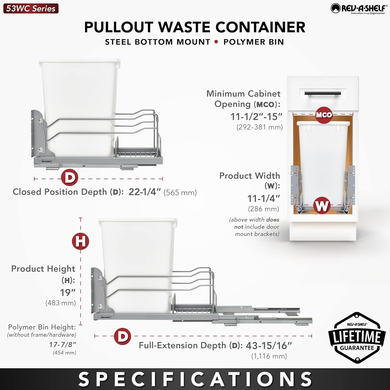 Rev-A-Shelf Pullout Trash Can for Base Kitchen Cabinets 35 Quart 8.75 Gallon with Soft-Close Slides and Rear Storage, White, 53WC-1535SCDM-111