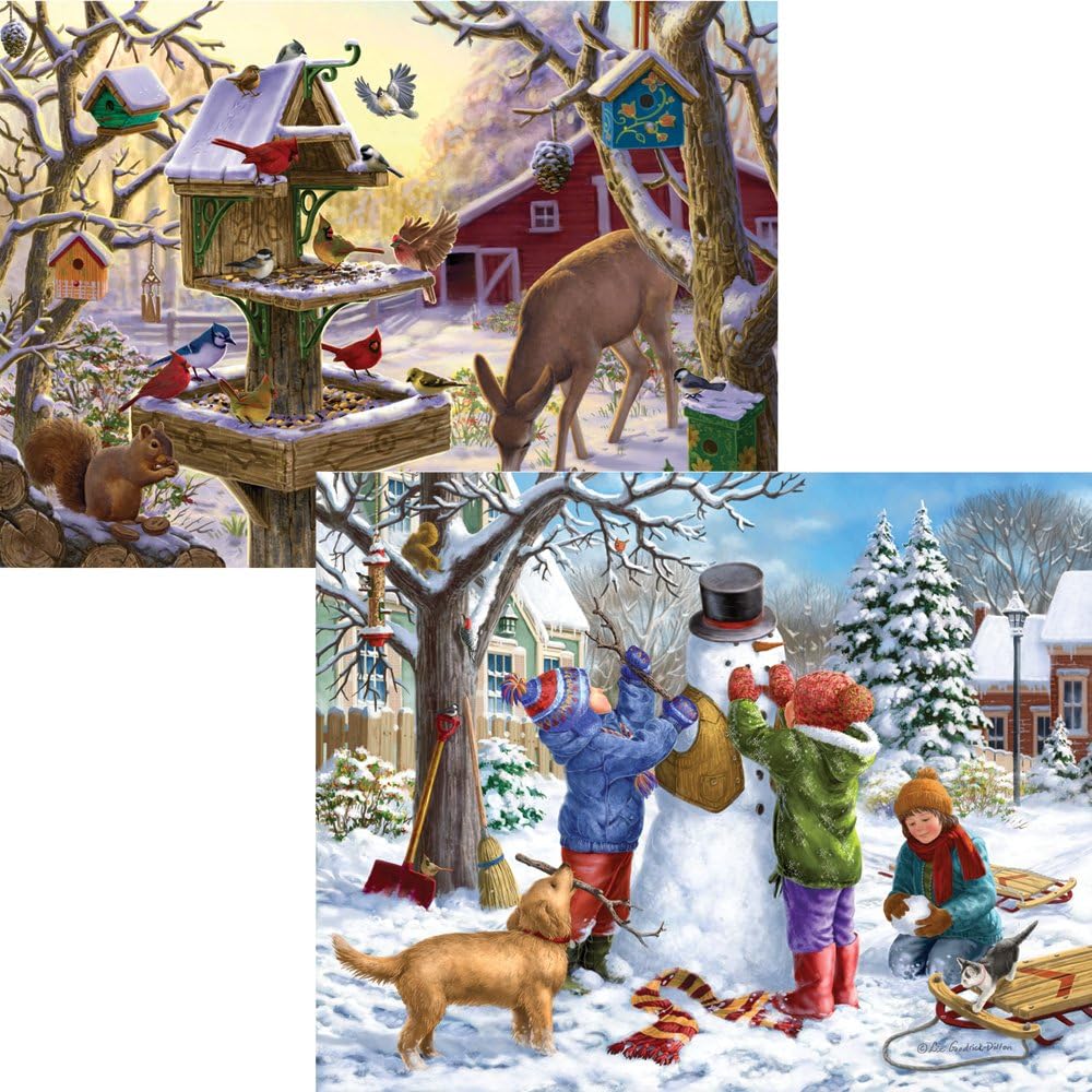 Bits and Pieces ¨C Value Set of Two 300 Piece Jigsaw Puzzles for Adults ¨C Building a Snowman on a Snow Day, Sunrise Feasting - Winter Snow Jigsaw Puzzles by Artist Liz Goodrick - Dillon