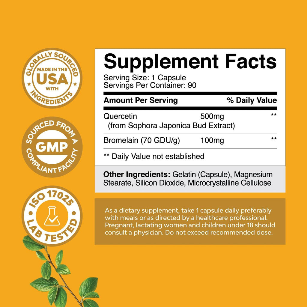 Pure Quercetin with Bromelain Supplement for Immunity - High Potent Antioxidant Bromelain Quercetin Supplement for Respiratory & Heart Health Breathe & Joint Support - Nutritional Complex - 90 Count