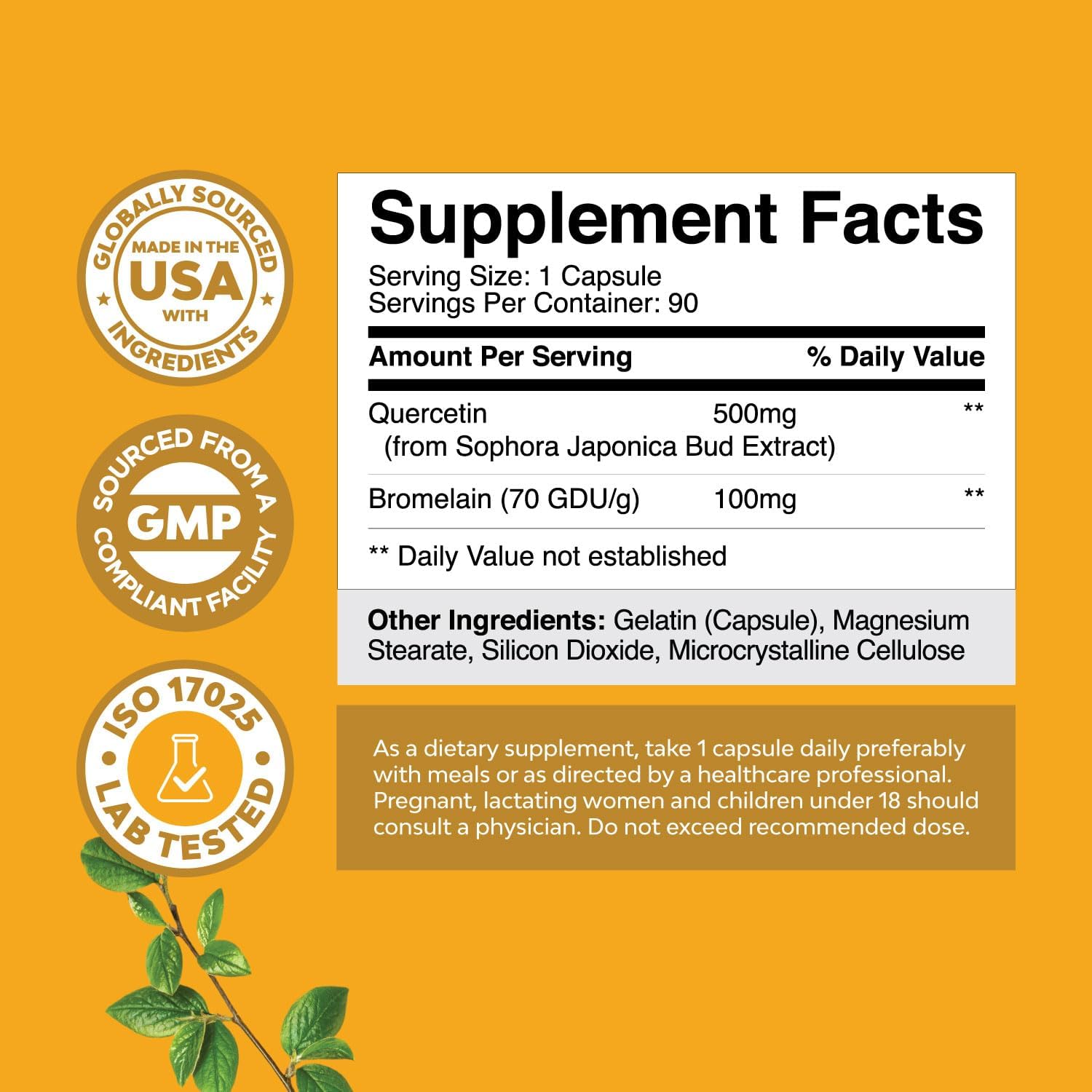 Pure Quercetin with Bromelain Supplement for Immunity - High Potent Antioxidant Bromelain Quercetin Supplement for Respiratory & Heart Health Breathe & Joint Support - Nutritional Complex - 90 Count