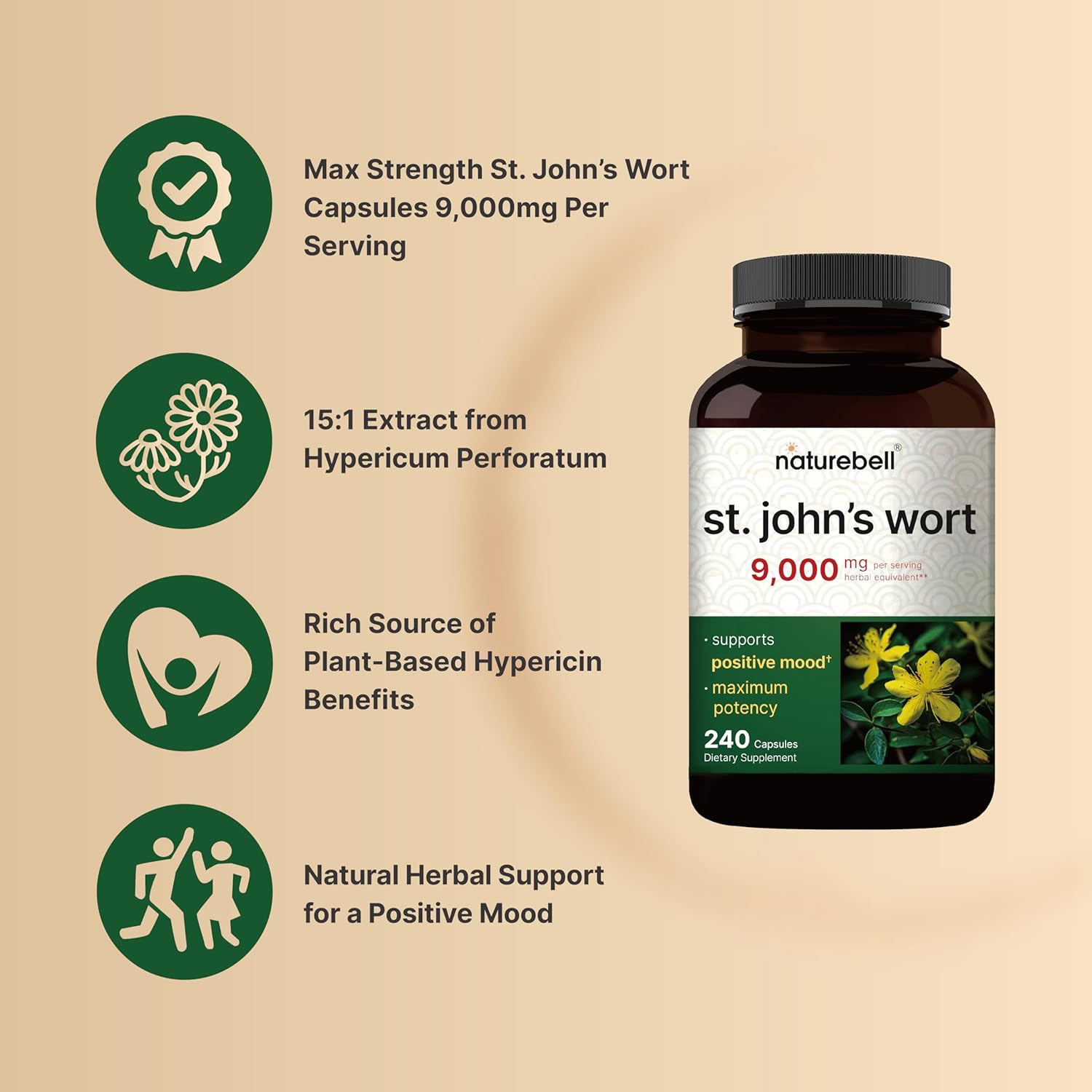NatureBel S John Wor 9,000m Pe Serving 24 Capsule 15: Herba Extract Nort America Harvest Ric i Hyperici Positiv Moo Suppor Supplemen St John¡¯ Wor Non-GMO