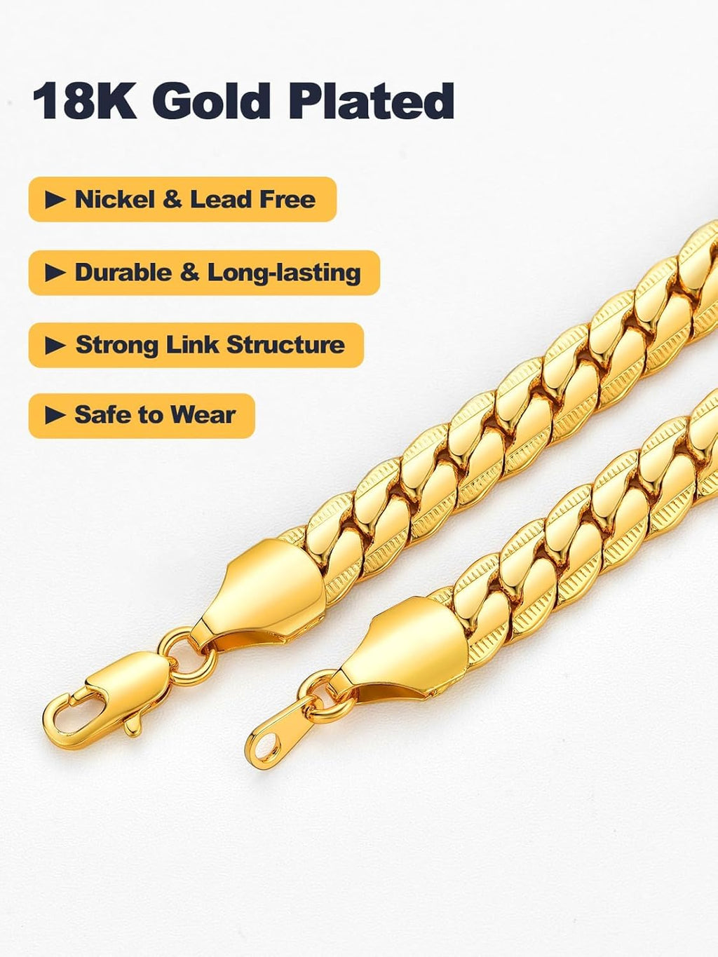 U7 Men Stainless Steel Necklace Cuban Link Chain, Flat Curb Chain Necklaces Unisex, Silver/Black/Gold Plated Chunky Hip Hop Neck Chain, 6mm/9mm Width, 18-32 Inches Length Jewelry for Mens Women