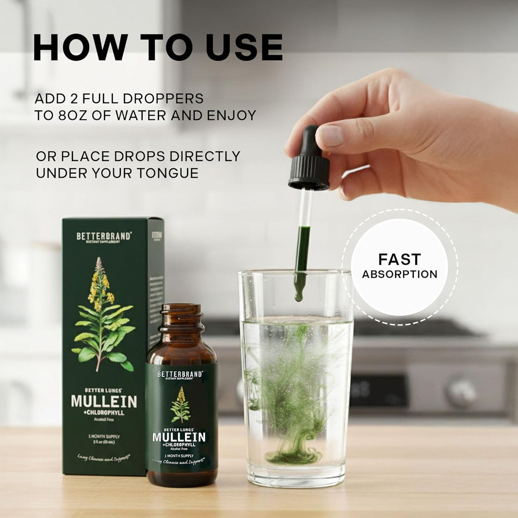 Betterbran Mullei Drop fo Lun Deto Mullei Lea Tinctur wit Chlorophyl Help Suppor Respirator Health Alcohol-Free Mont Suppl 60ml
