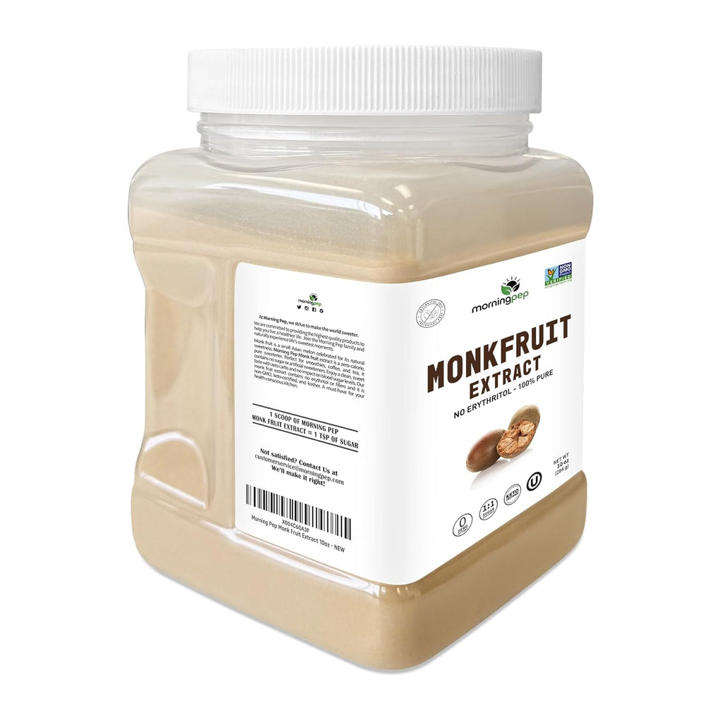 Morning Pep 100% Pure Monk Fruit extract sweetener, No Erythritol, Monkfruit Extract Powder, NON-GMO Project Verified, Keto Certified, OU kosher, No Fillers Zero Calories | Over 900 Servings | 10 oz