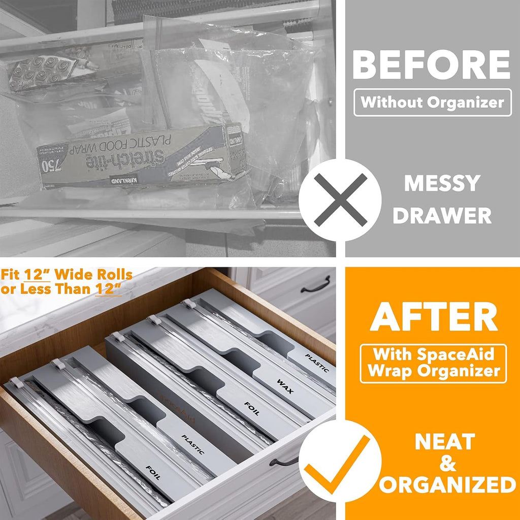 SpaceAid WrapNeat 3 in 1 Wrap Organizer with Cutter and Labels, Plastic Wrap, Aluminum Foil and Wax Bamboo Dispenser for Kitchen Storage Organization Holder for 12inch Roll (Gray)