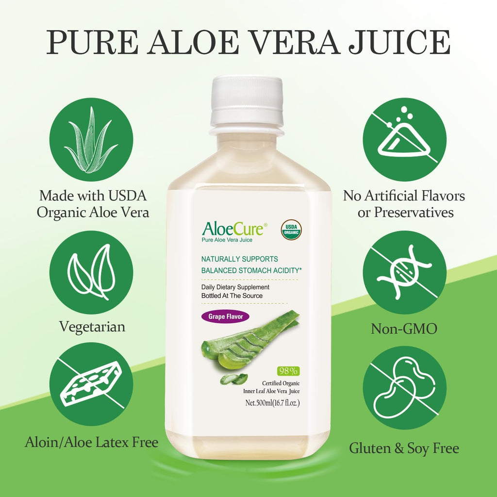 AloeCure USDA Organic Aloe Vera Juice Grape Flavor, Made Within 12 Hours of Harvest - Pure Aloe Vera Digestive & Immune Health Supplement, Helps Maintain Balanced Stomach Acidity, 16.7oz Bottle