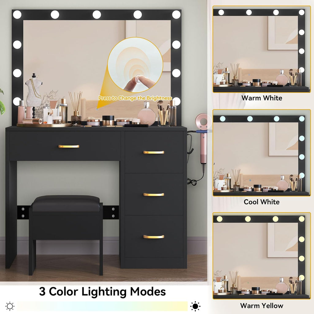 DWVO Makeup Vanity with Lighted Mirror, Dressing Table with 11 LED Bulbs & 3 Lighting Modes, Storage Drawers, Charging Ports and Soft Cushioned Stool