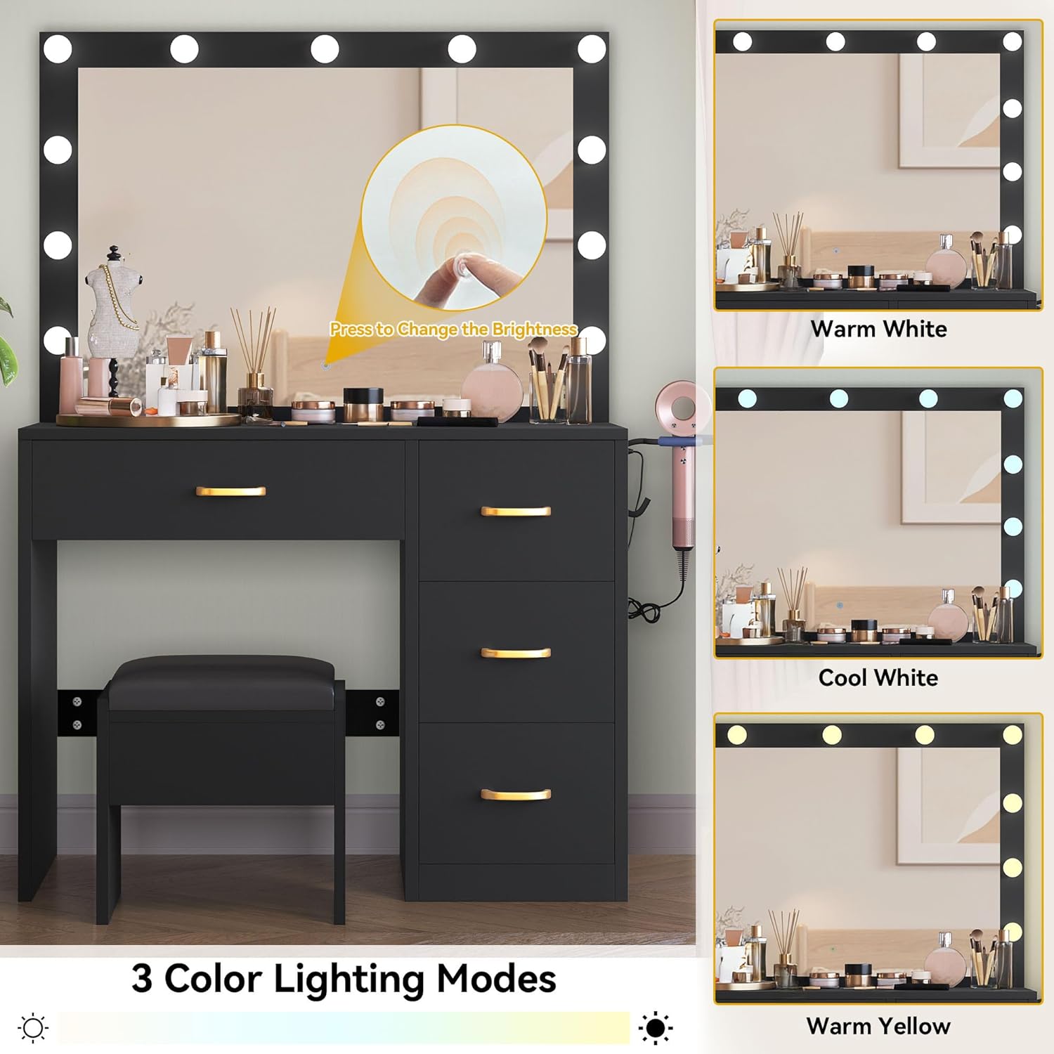DWVO Makeup Vanity with Lighted Mirror, Dressing Table with 11 LED Bulbs & 3 Lighting Modes, Storage Drawers, Charging Ports and Soft Cushioned Stool