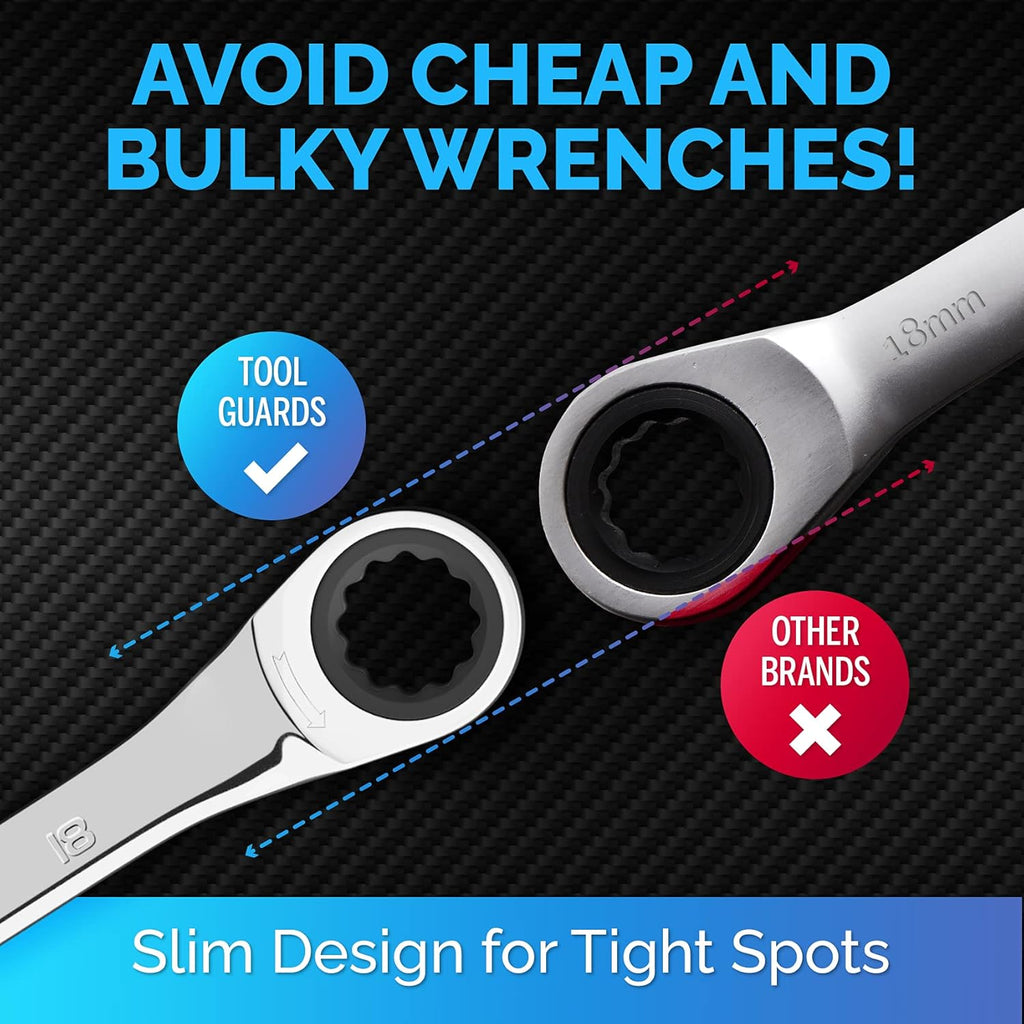 TOOLGUARDS 18mm Wrench - Ratcheting Wrench - Slim Profile - Ratchet Wrench - 100% Lifetime Satisfaction Guarantee