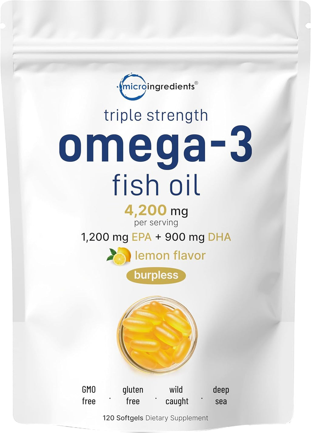 Micro Ingredients Triple Strength Omega 3 Fish Oil Supplements 4200mg Per Serving, 120 Softgels ¨C Lemon Flavored ¨C Burpless | EPA 1200mg + DHA 900mg | Deep Sea Fish
