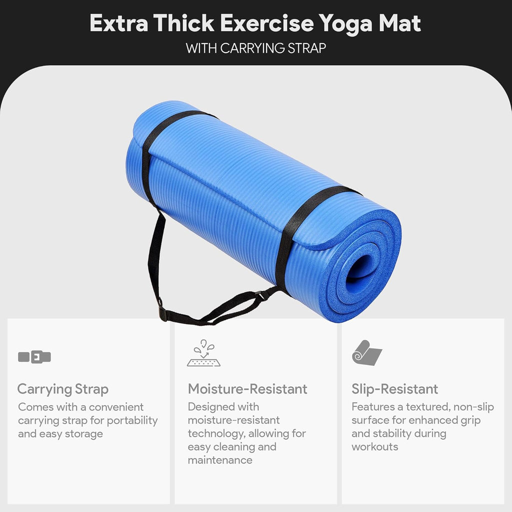 BalanceFrom GoCloud 71x24 Inches Extra Thick Yoga Mat 1-Inch High-Density Foam ¨C Roll-Up Exercise Pad with Double-Sided Non-Slip Surface and Carrying Strap for Pilates and Home Workouts