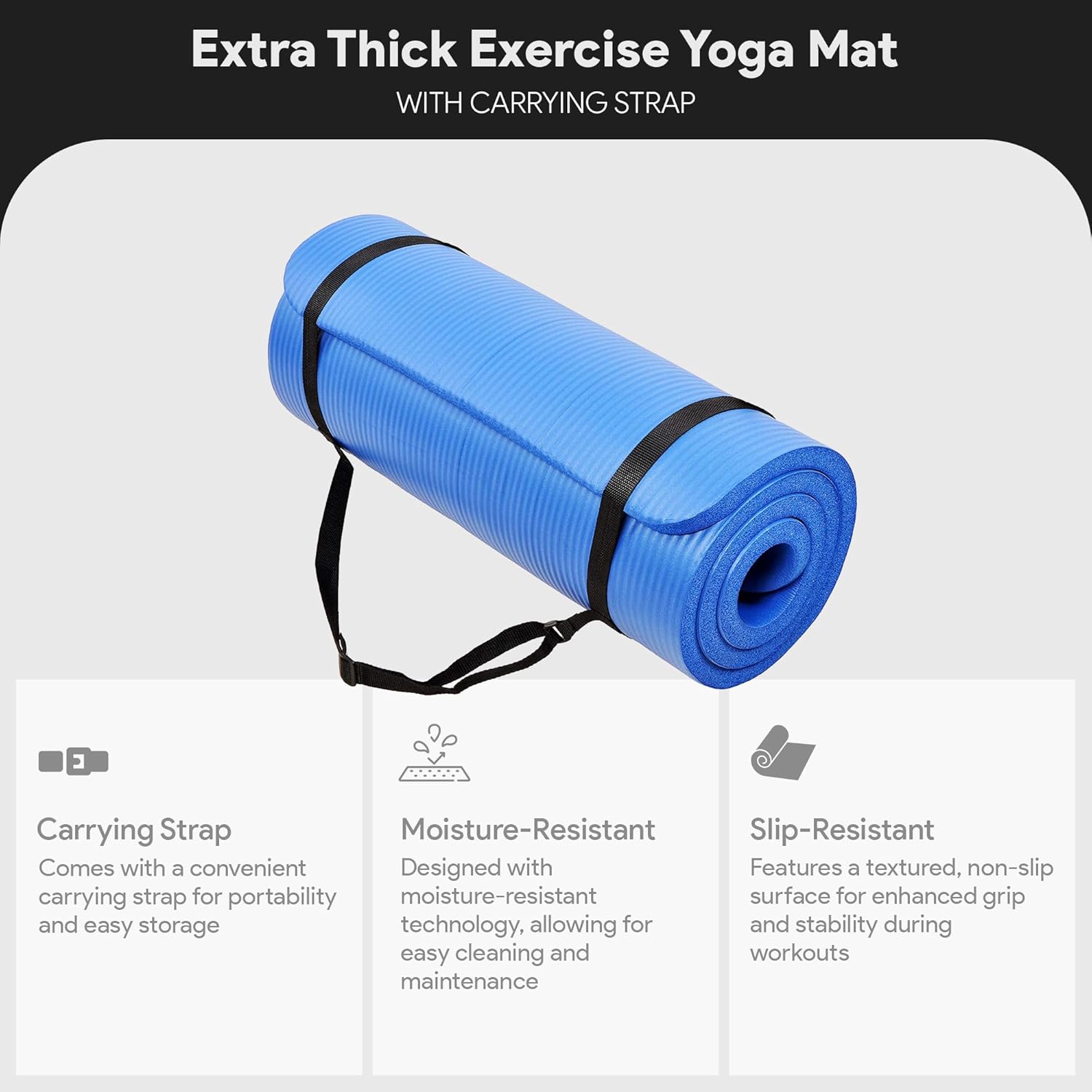 BalanceFrom GoCloud 71x24 Inches Extra Thick Yoga Mat 1-Inch High-Density Foam ¨C Roll-Up Exercise Pad with Double-Sided Non-Slip Surface and Carrying Strap for Pilates and Home Workouts