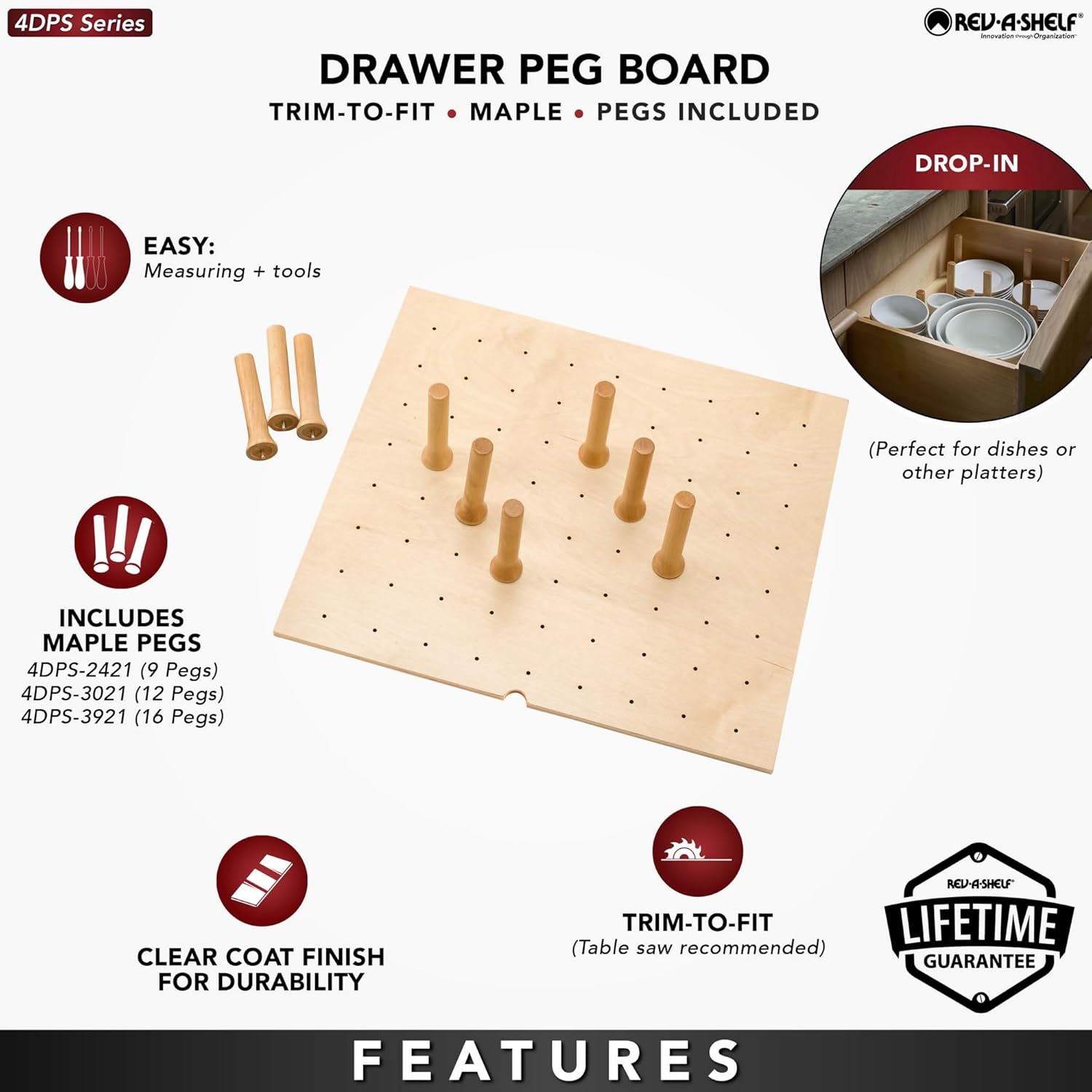 Rev-A-Shelf Trimmable Pegboard Drawer Divider Organizer, Trim to Fit Wooden Kitchen Cabinet Storage Utensil, Pots & Dish Rack, 30inch x 21inch, 4DPS-3021