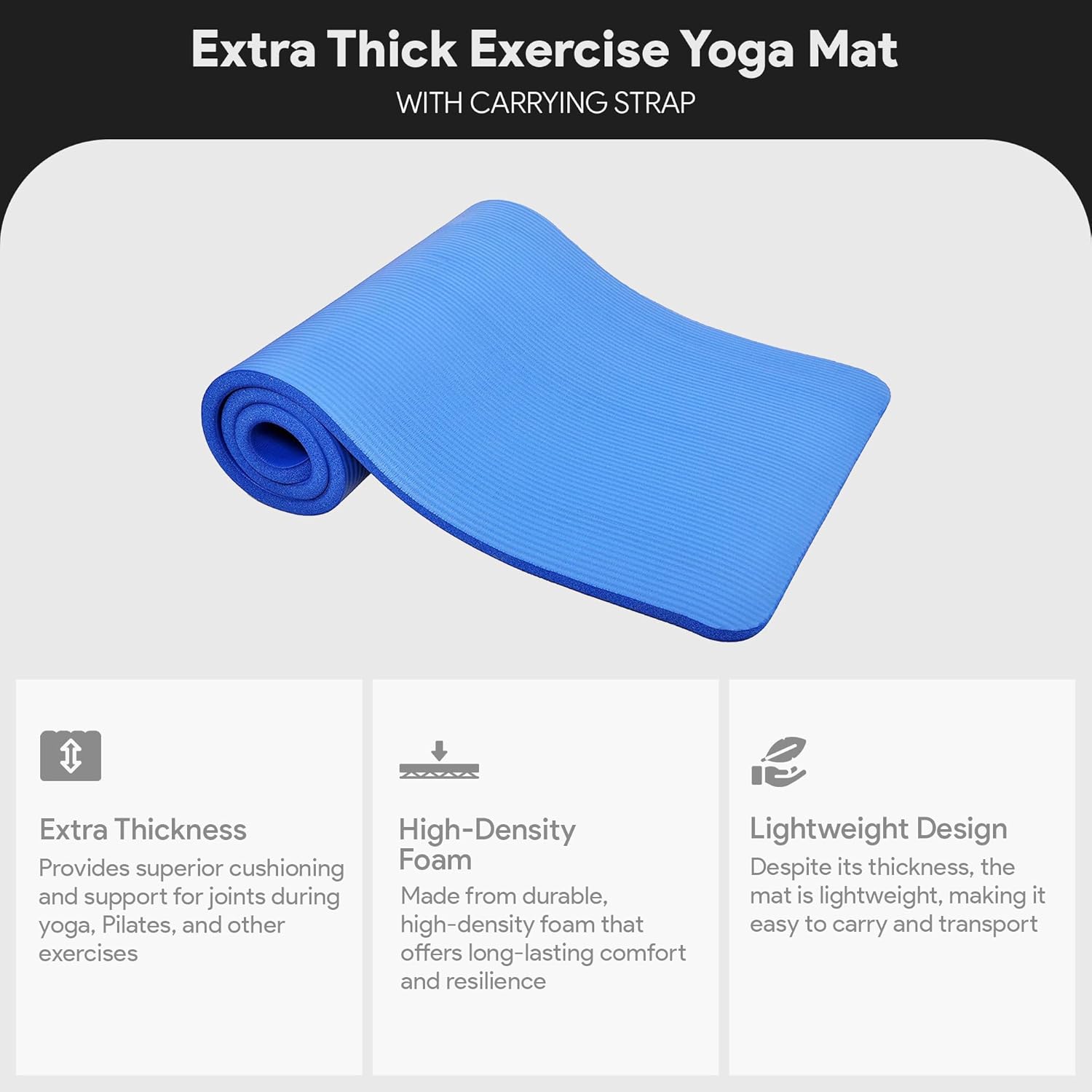 BalanceFrom GoCloud 71x24 Inches Extra Thick Yoga Mat 1-Inch High-Density Foam ¨C Roll-Up Exercise Pad with Double-Sided Non-Slip Surface and Carrying Strap for Pilates and Home Workouts