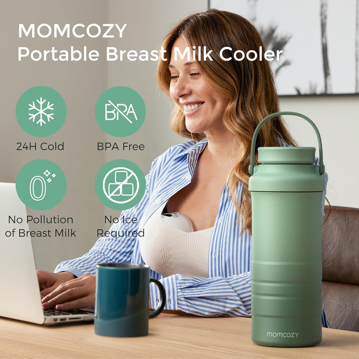 Momcozy 22oz Portable Breast Milk Cooler for Outdoor, Life Saver with 360¡ã Total Cooling for 24 Hours, Larger Capacity Travel Breastmilk Chiller with 2pcs Baby Bottles for Breastmilk Storage, Green