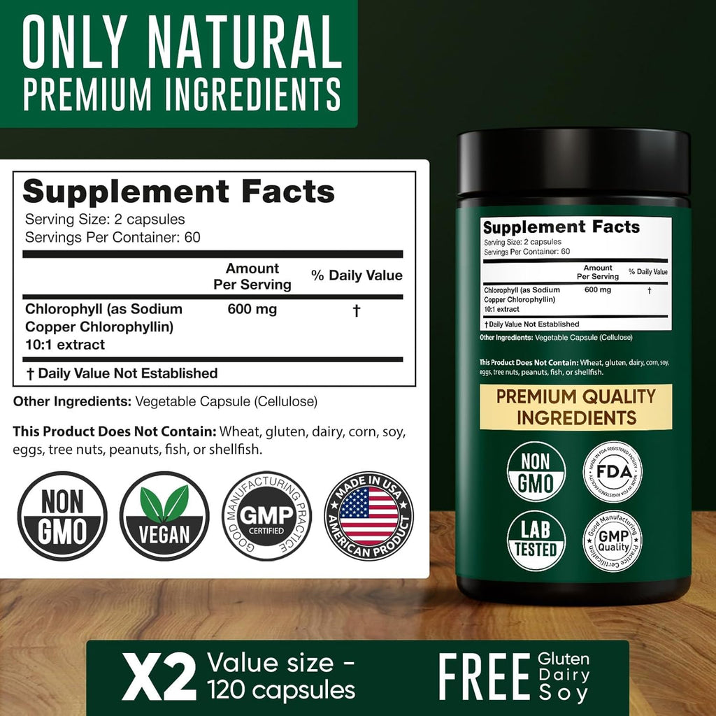Chlorophyll Capsules 600 mg - Natural Chlorophyll Pills for Women Men - Highly BioAvailable Chlorophyll Supplement for Energy, Immunity, Skin + Internal Deodorant