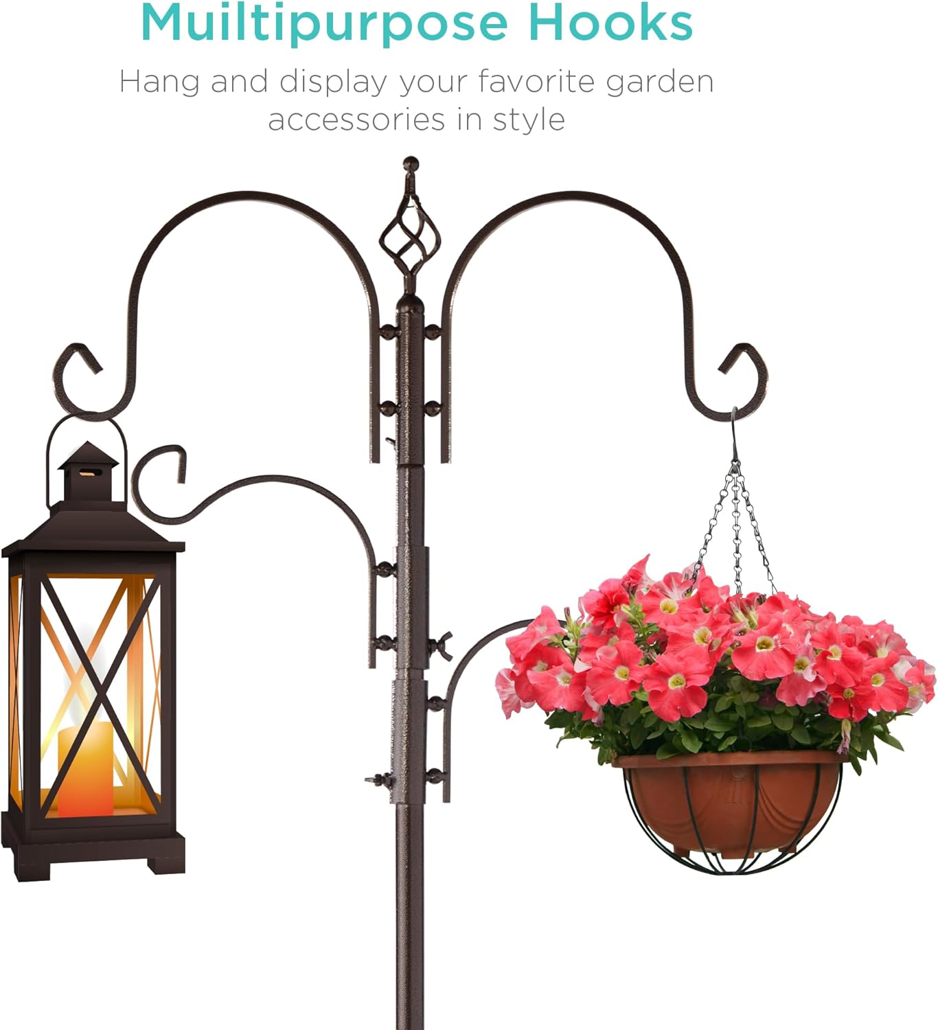 Best Choice Products 91in 4-Hook Feeding Station, Steel Multi-Feeder Kit Stand for Attracting Wild Birds w/ 2 Bird Feeders, Mesh Tray, Bird Bath, 4-Prong Base - Bronze