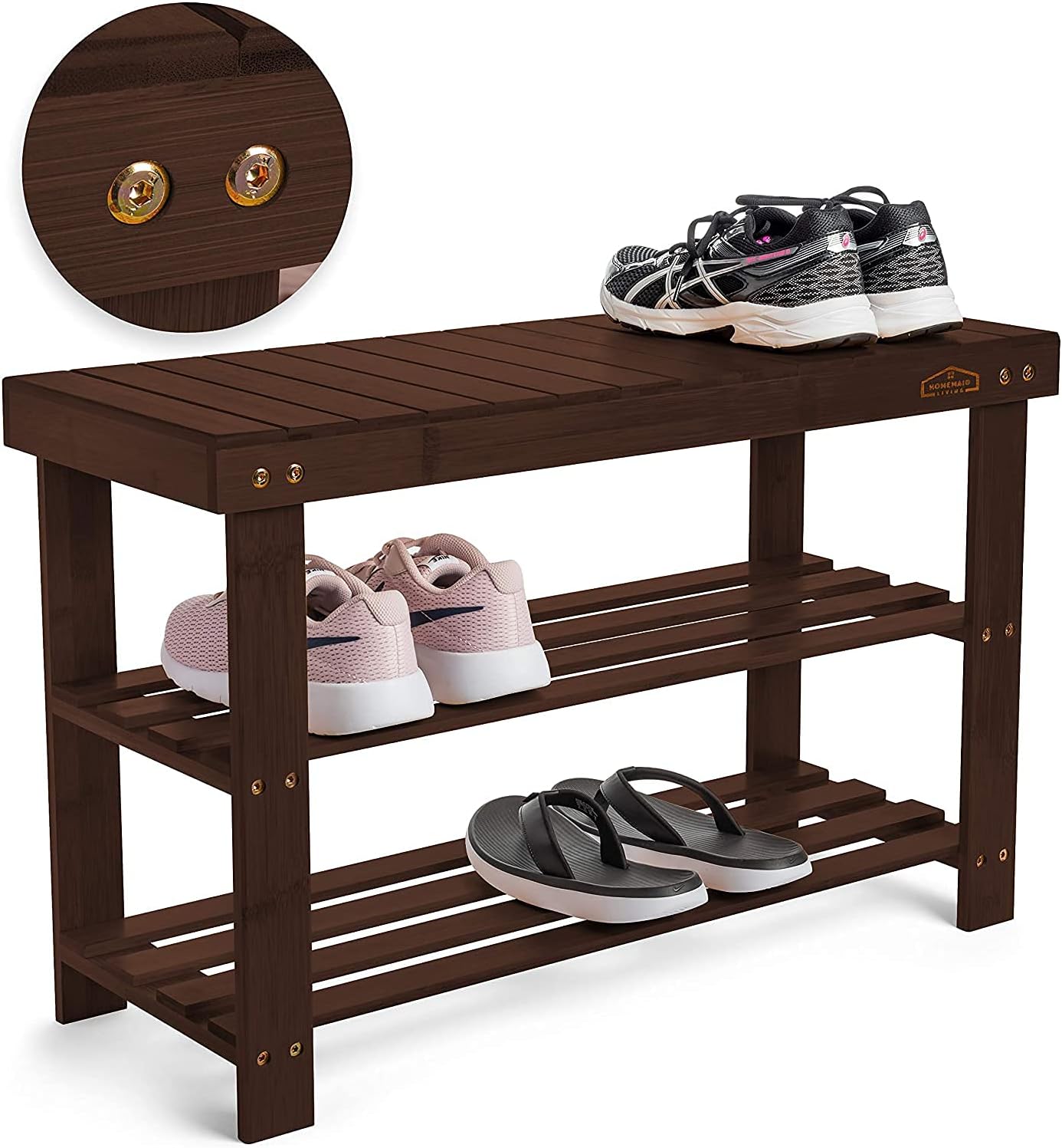 Homemaid Living Bamboo 3 Tier Shoe Rack Bench, Premium Shoe Organizer or Entryway Bench, Perfect for Shoe Cubby, Entry Bench, Bathroom Bench, Entryway Organizer, Hallway or Living Room(Brown)