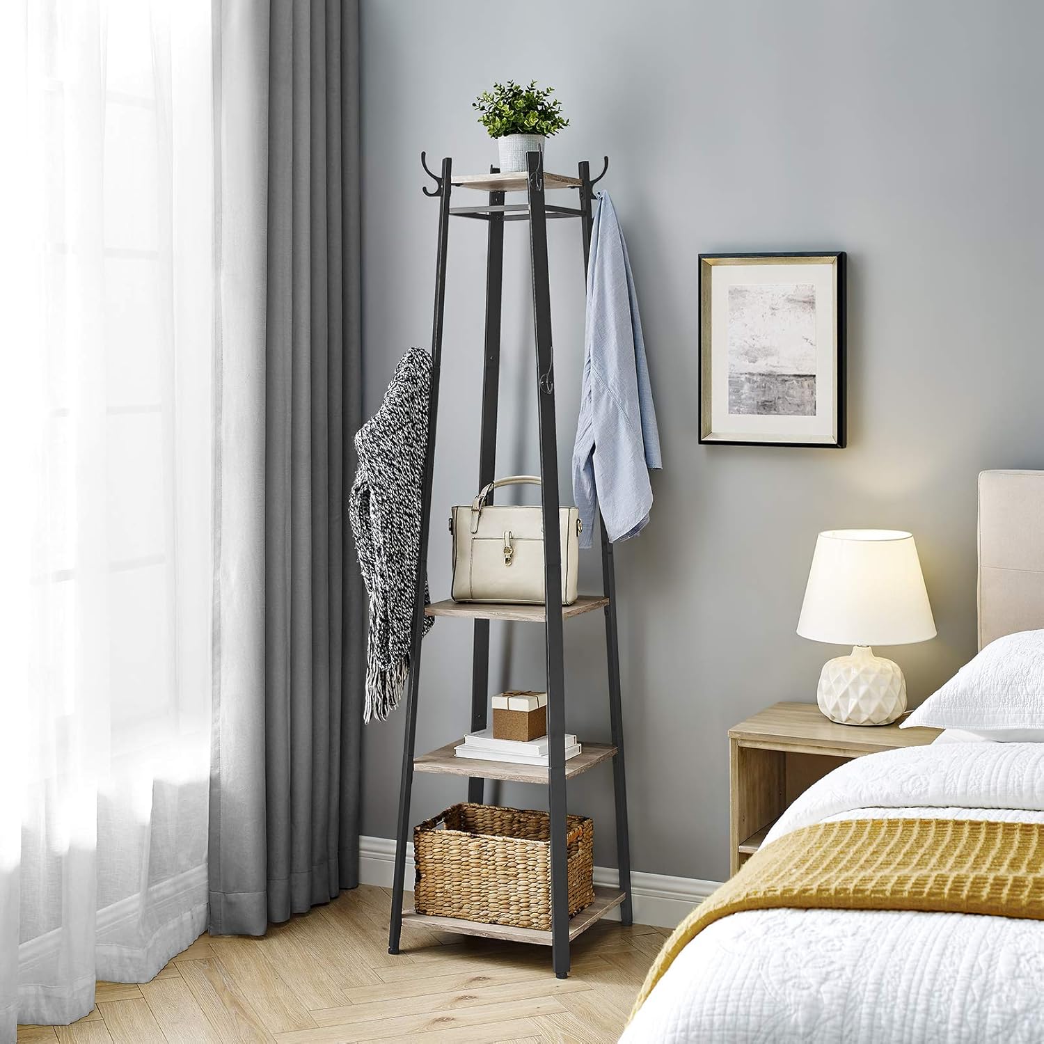 VASAGLE Coat Rack, Coat Stand with 3 Shelves, Hall Tree Free Standing with Hooks for Scarves, Bags, Umbrellas, Steel Frame, Industrial Style, for Entryway, Living Room, Greige and Black ULCR080B02